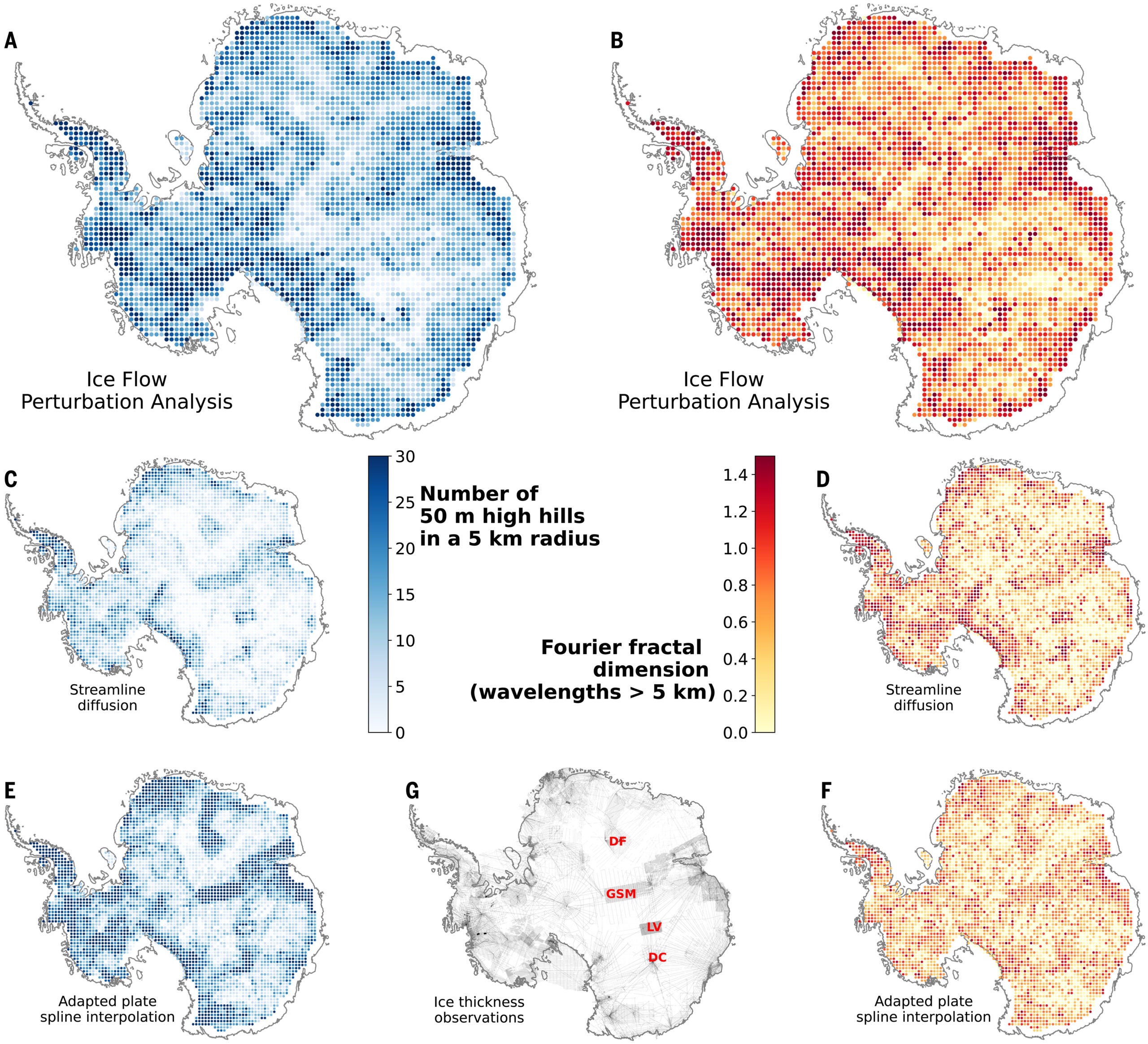 The texture of Antarctica’s ice sheet bed. (A, C, and E) Number of 50-m hills within a 5-km radius and (B, D, and F) Fourier fractal dimension for wavelengths >5 km (a proxy for subglacial landscape roughness). (G) Locations of bed picks used to derive both interpolated topographies