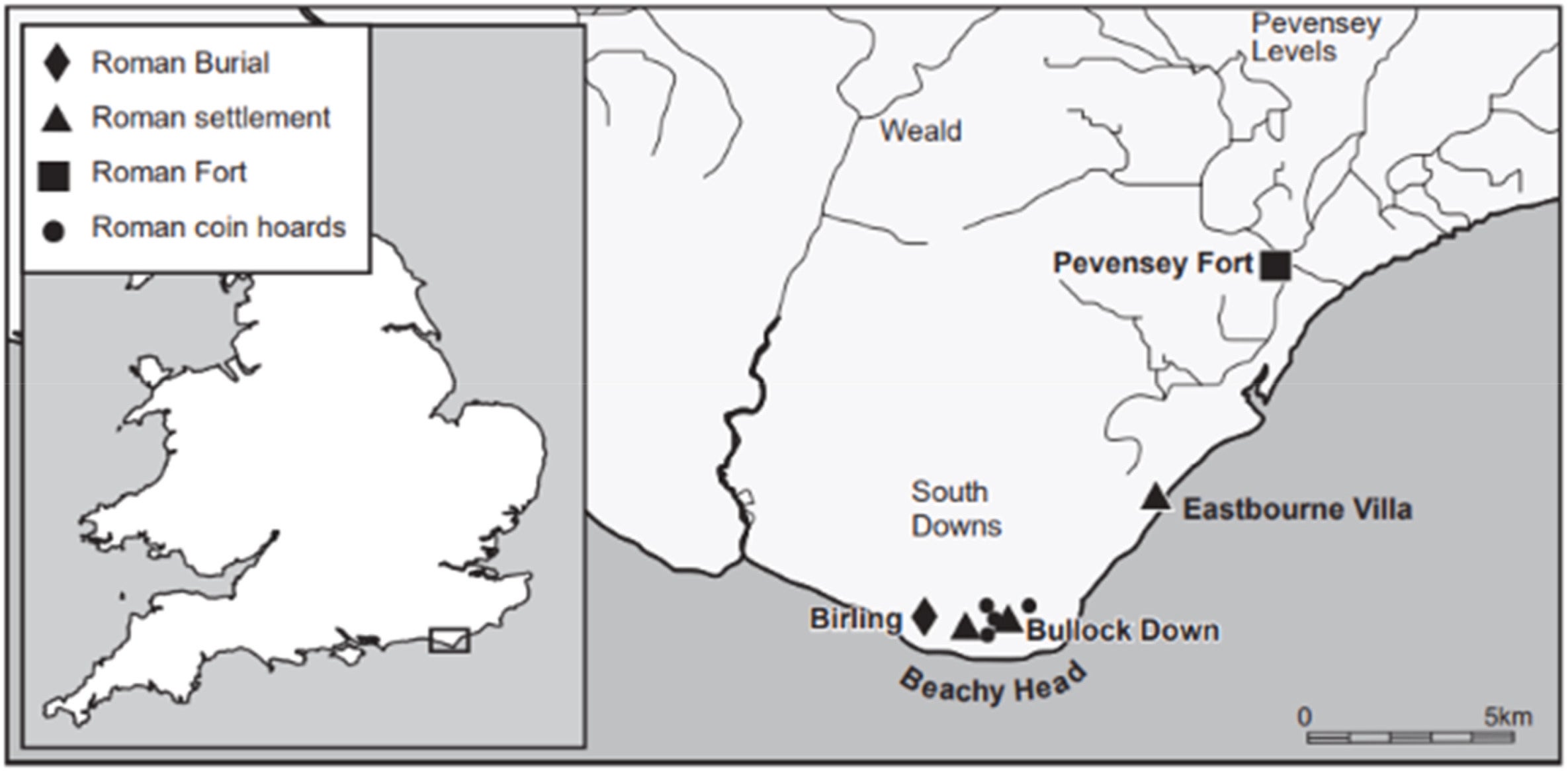 Location of Beachy Head and notable Roman sites surrounding the area. Map produced by Sarah Lambert-Gates.