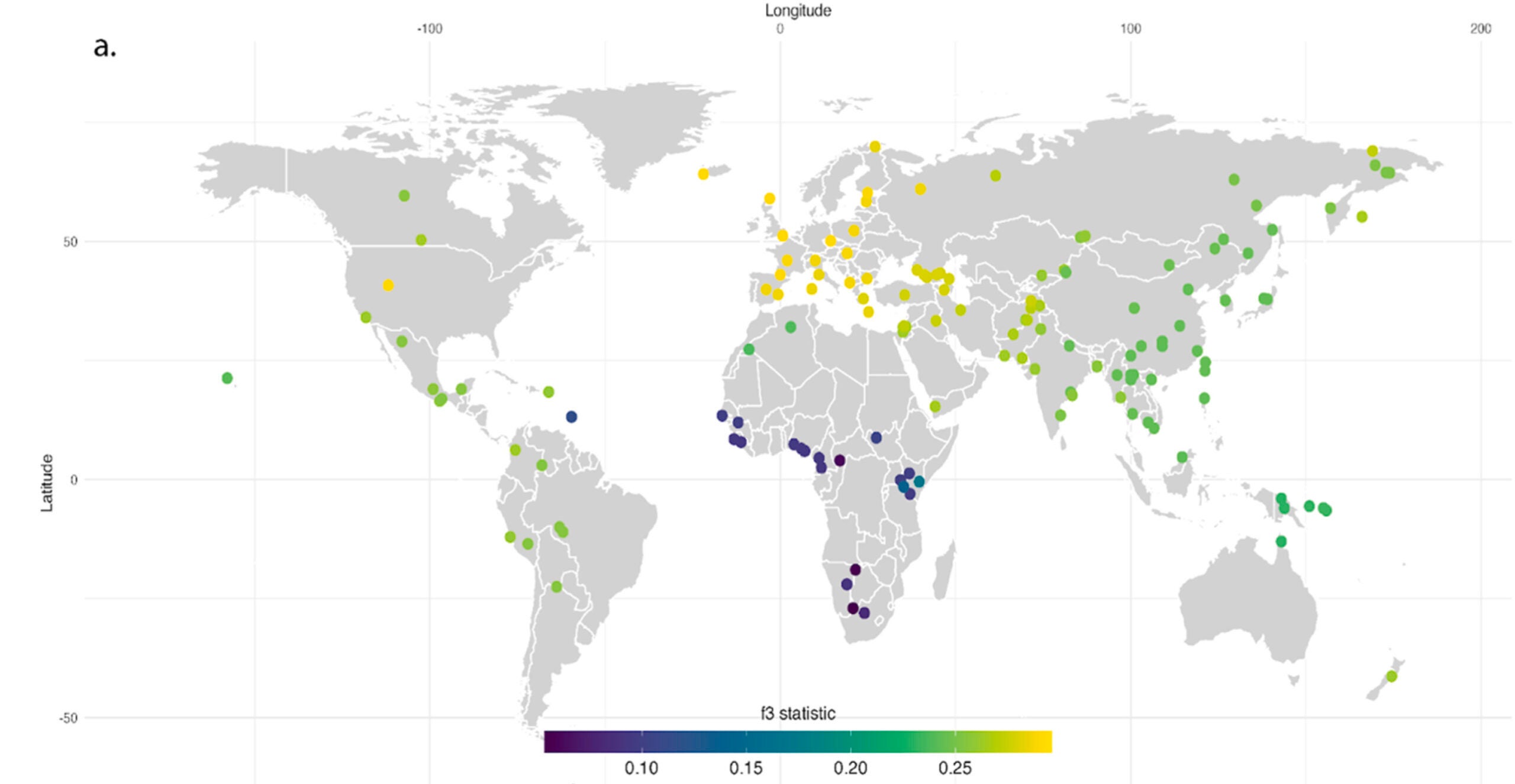 The genetic affinity of Beachy Head Woman. World map with global populations coloured by outgroup-f3 statistic value when: f3{Beachy Head Woman, modern population, Chimp}.