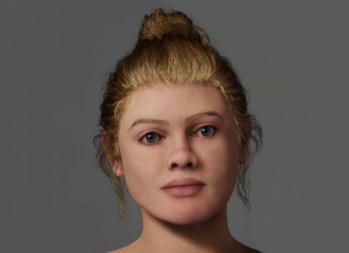 This digital image was generated from a 3D scan of Beachy Head Woman’s skull. The skin, hair and eye pigmentation were informed by ancient DNA results.