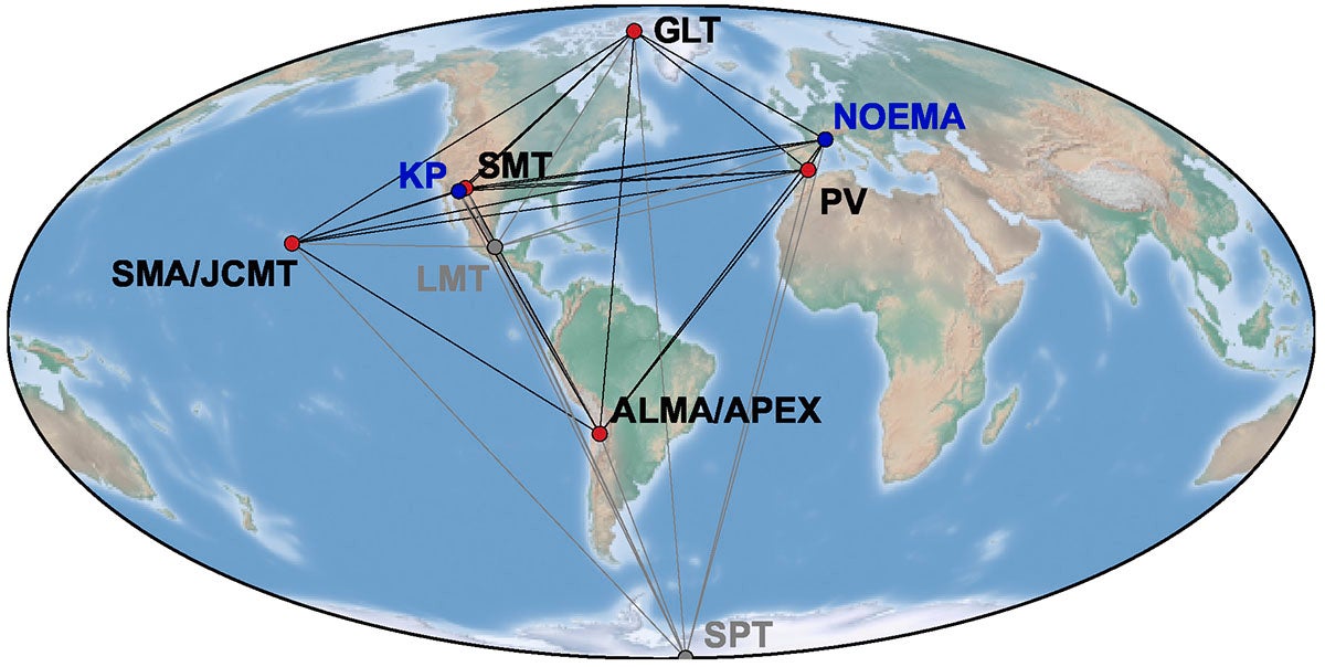 EHT in its 2021 configuration. Compared to the original 2017 array, GLT was added in 2018, and KP and NOEMA joined the EHT for the 2021 campaign (indicated in blue). Baselines from SPT and LMT are greyed out since SPT cannot observe M87* (only its calibrator 3C 279), and LMT did not observe in 2021.