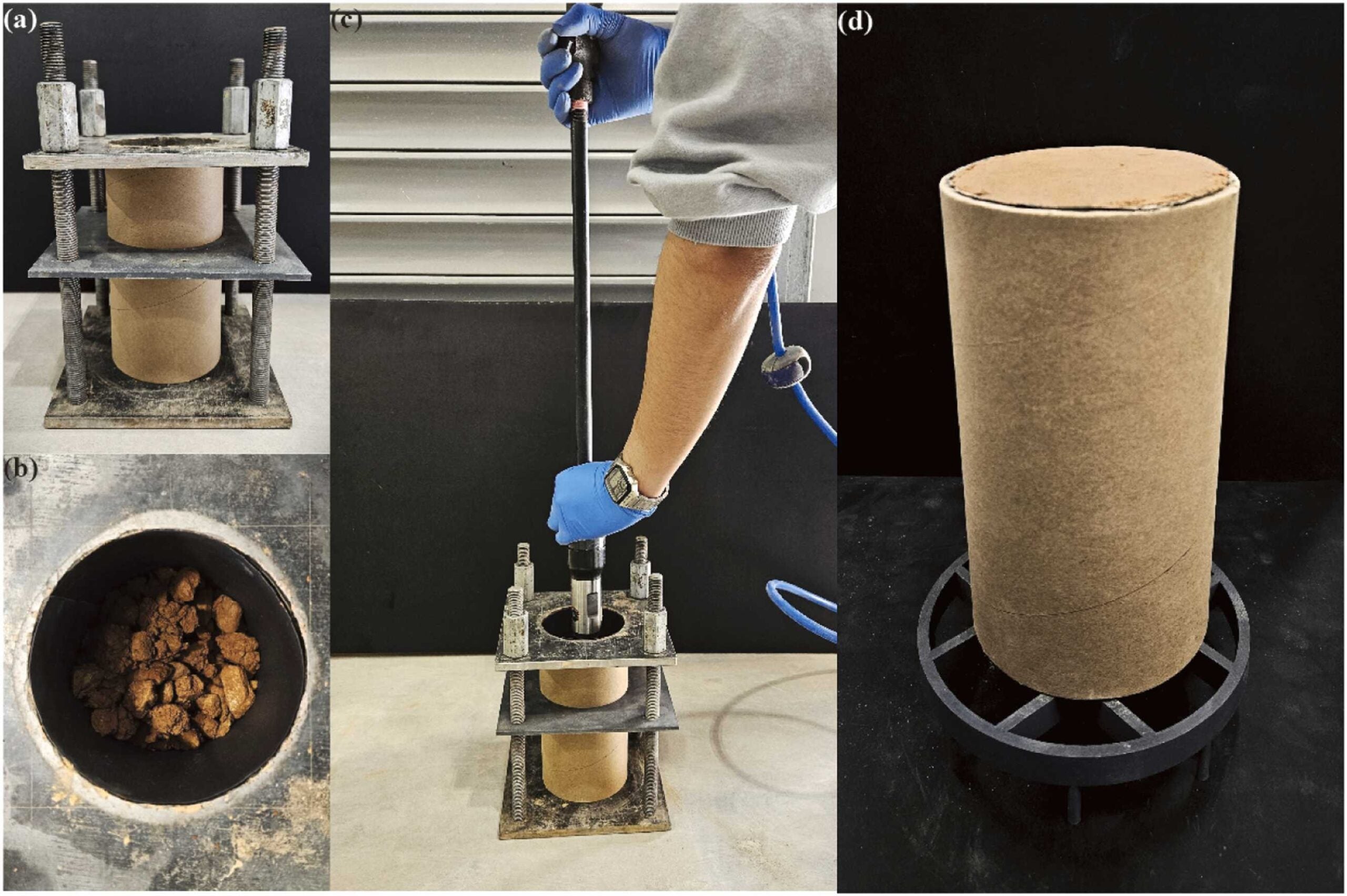 CCRE cylinder fabrication: (a) fixtures to secure the cardboard tube, (b) cardboard tube filled with loose soil mixtures insulated by a polyethylene film, (c) compaction using a pneumatic rammer, and (d) fabricated CCRE cylinder store on a hollow rack for 28 days’ desiccation.