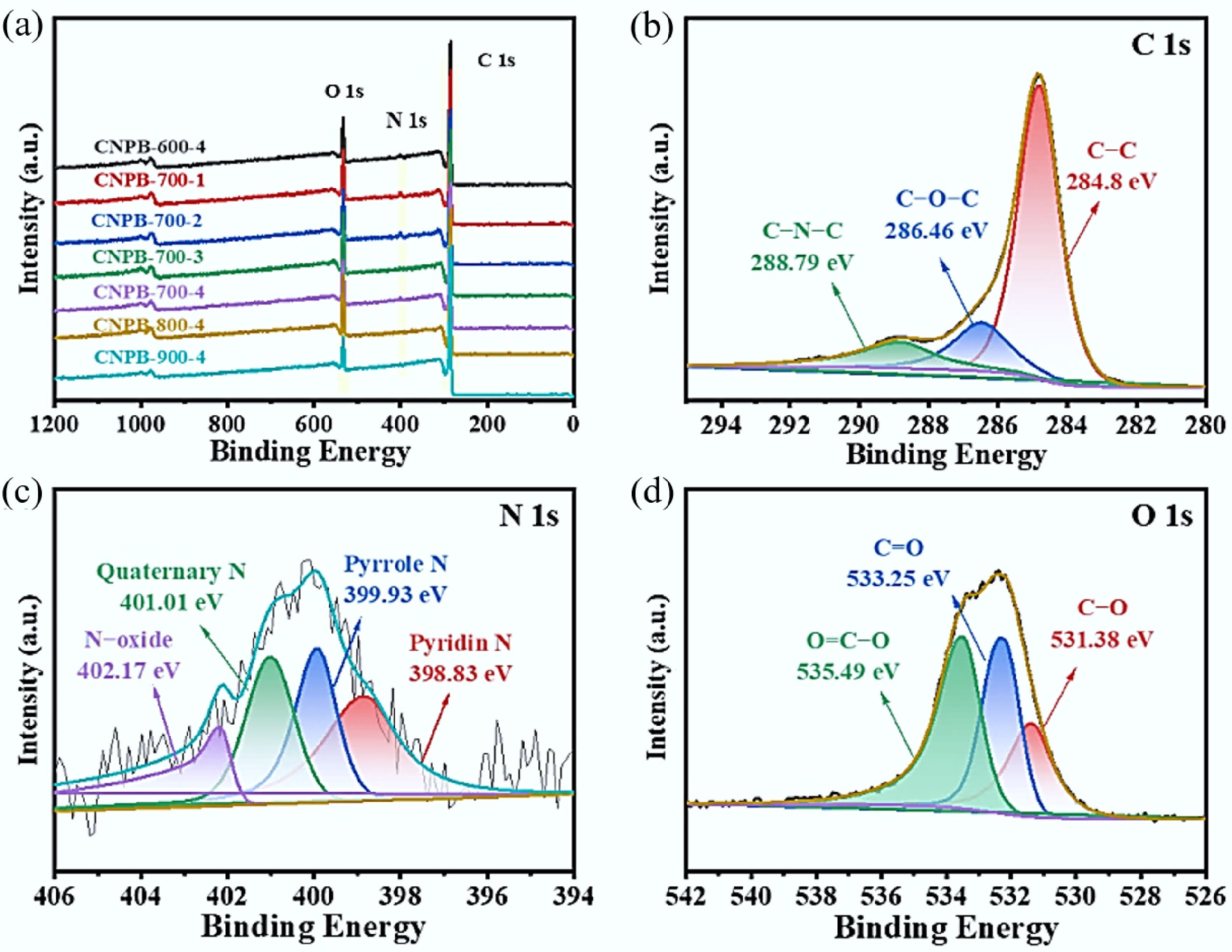 (a) XPS measurement spectra of CNPBs prepared under different activation conditions; (b), (c), and (d) fine spectra of C 1s, N 1s, and O 1s of sample CNPB-700-4.