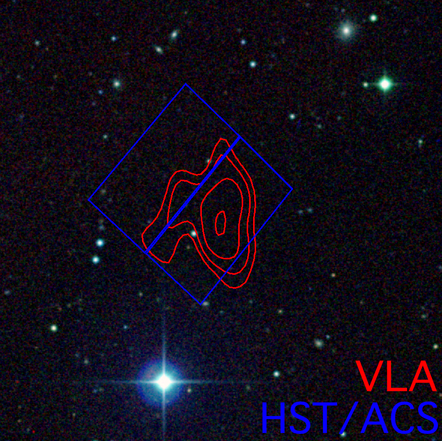 Digitized Sky Survey image covering a 10×′10′ region around Cloud-9. The VLA H I contours (A. Benítez-Llambay et al., 2024) are shown in red, and the footprint of our HST/ACS observations is shown in blue.