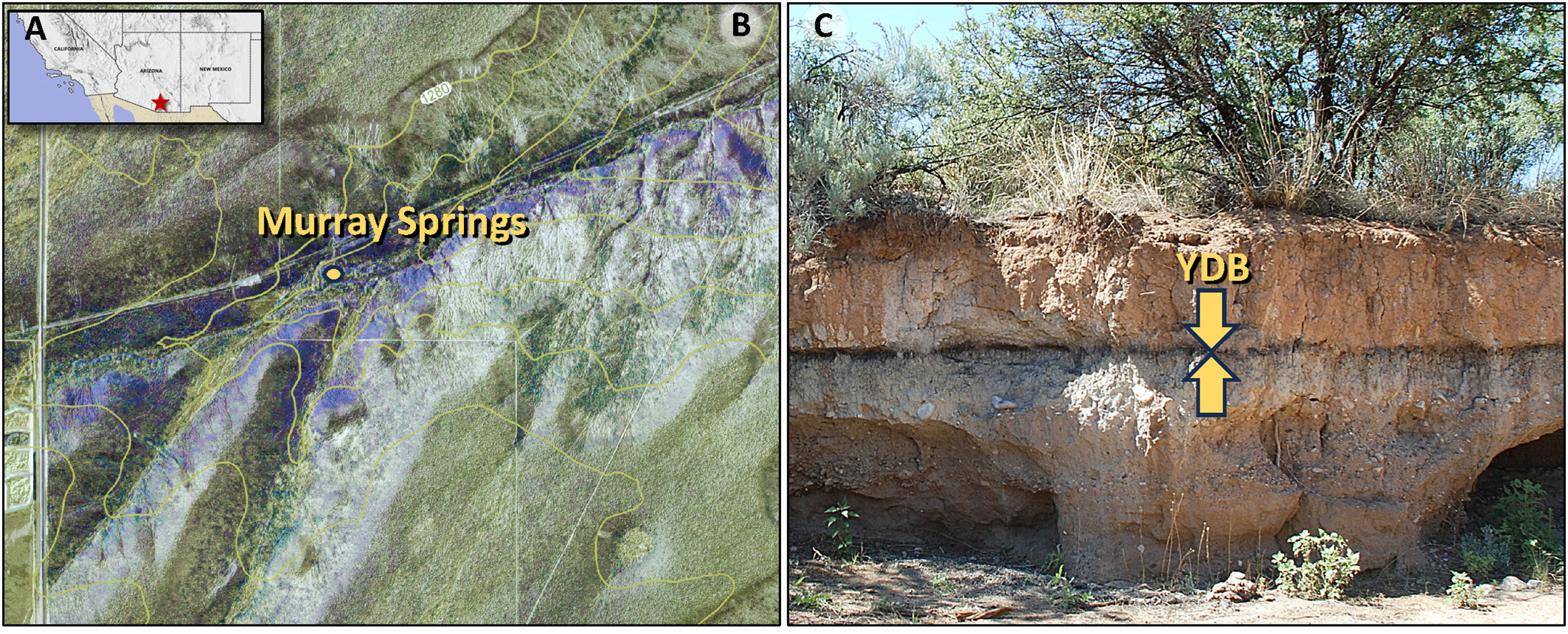 YDB proxies at Murray Springs, Arizona, USA. This figure illustrates the stratigraphic setting and proxy evidence for a potential Younger Dryas impact event near Murray Springs, a key Clovis archaeological site with well-preserved megafaunal and cultural remains.
