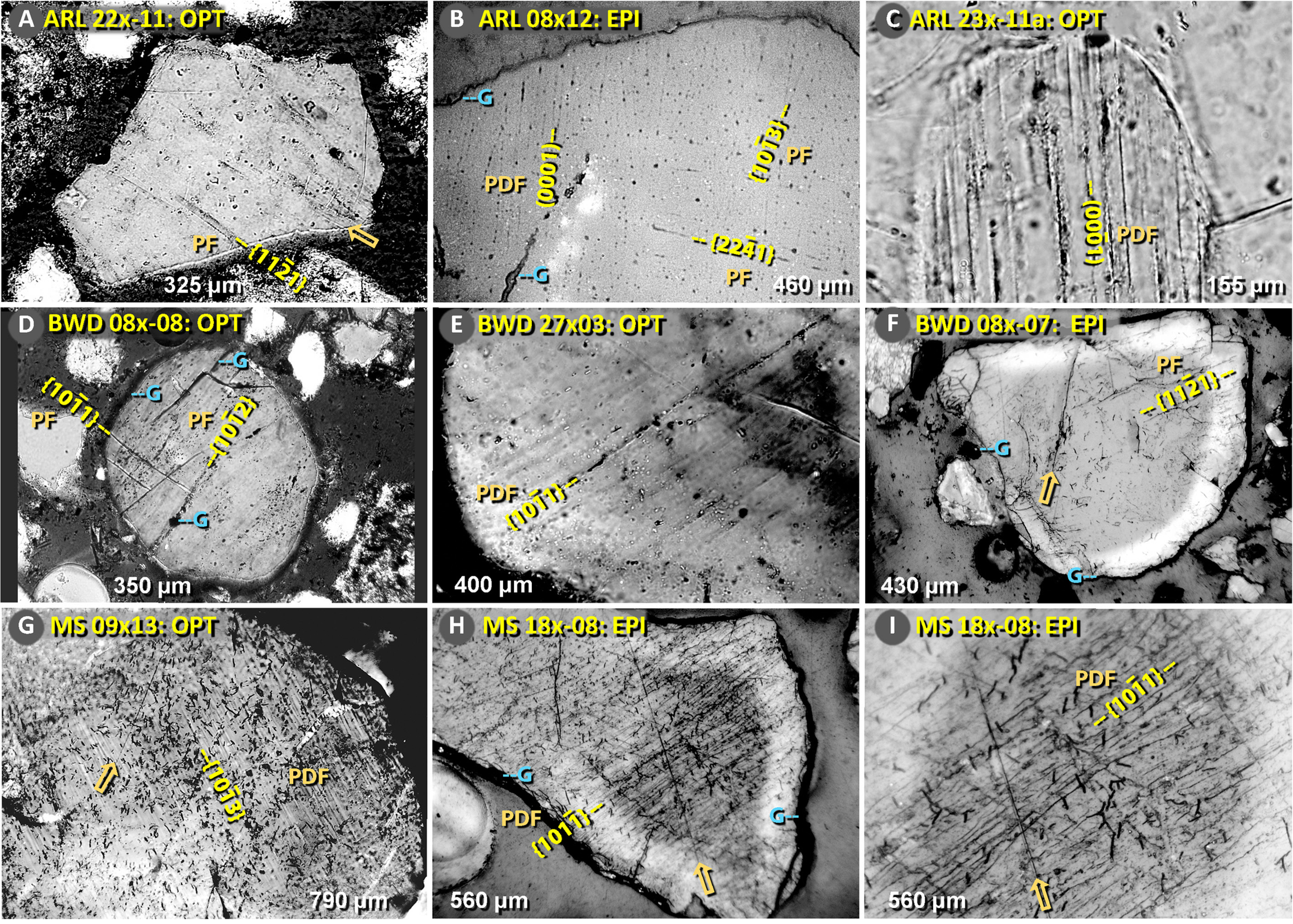 Optical transmission microscopy (OPT) and epi-illuminated microscopy (EPI). Photomicrographs of fractured quartz grains from the YDB layer (12.8 ka) at three sites.