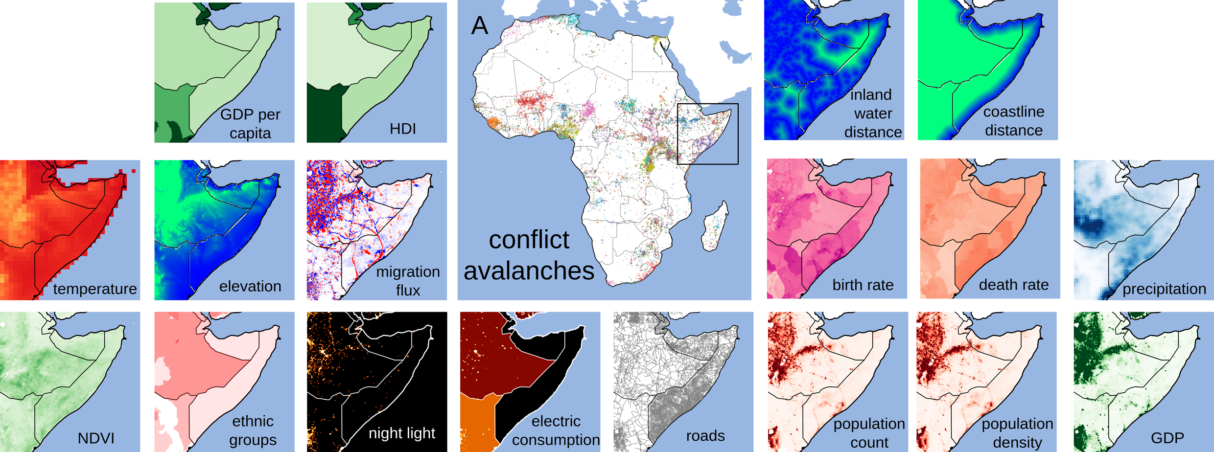 Micro-level datasets. Disaggregated conflict data from ACLED. Each point is an individual conflict event. These are grouped into conflict avalanches denoted by color.