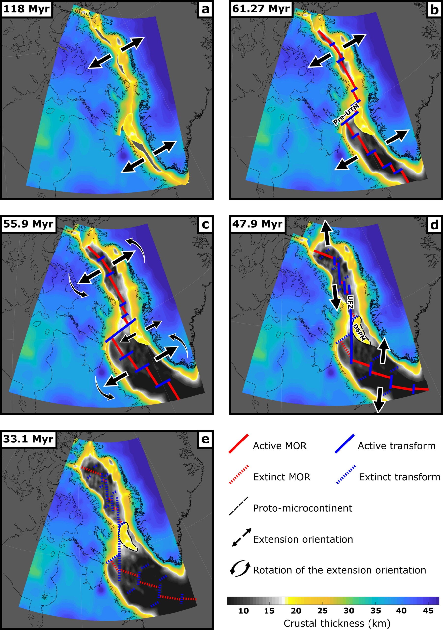 The proposed plate tectonic model in GPlates overlain with the present-day crustal thickness data and the approximate location and angle of MOR and FZ segments. 