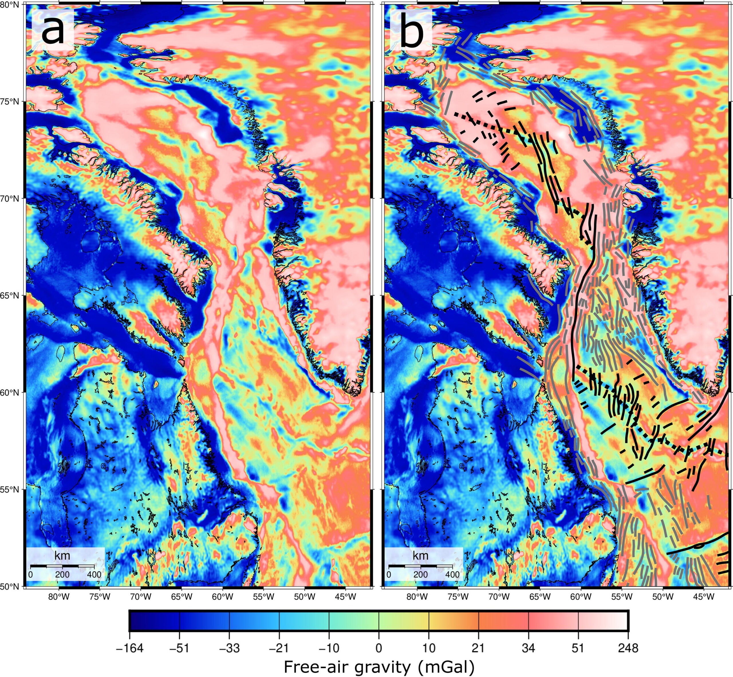 (a) Uninterpreted free-air gravity anomaly. (b) Free-air gravity anomaly overlain with our interpreted MOR segments (dotted black lines), FZs (black lines), as well as our normal and thrust faults (grey lines).