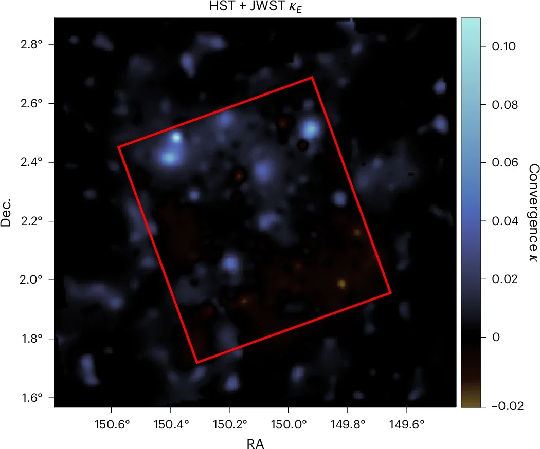 Map of cosmic structure, from measurements of weak gravitational lensing with JWST and HST.