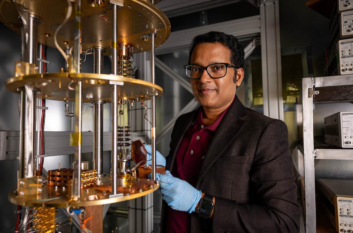 Mahapatra with a R&D detector mounted in a dilution fridge that cools it to 100,000 times cooler than room temperature.