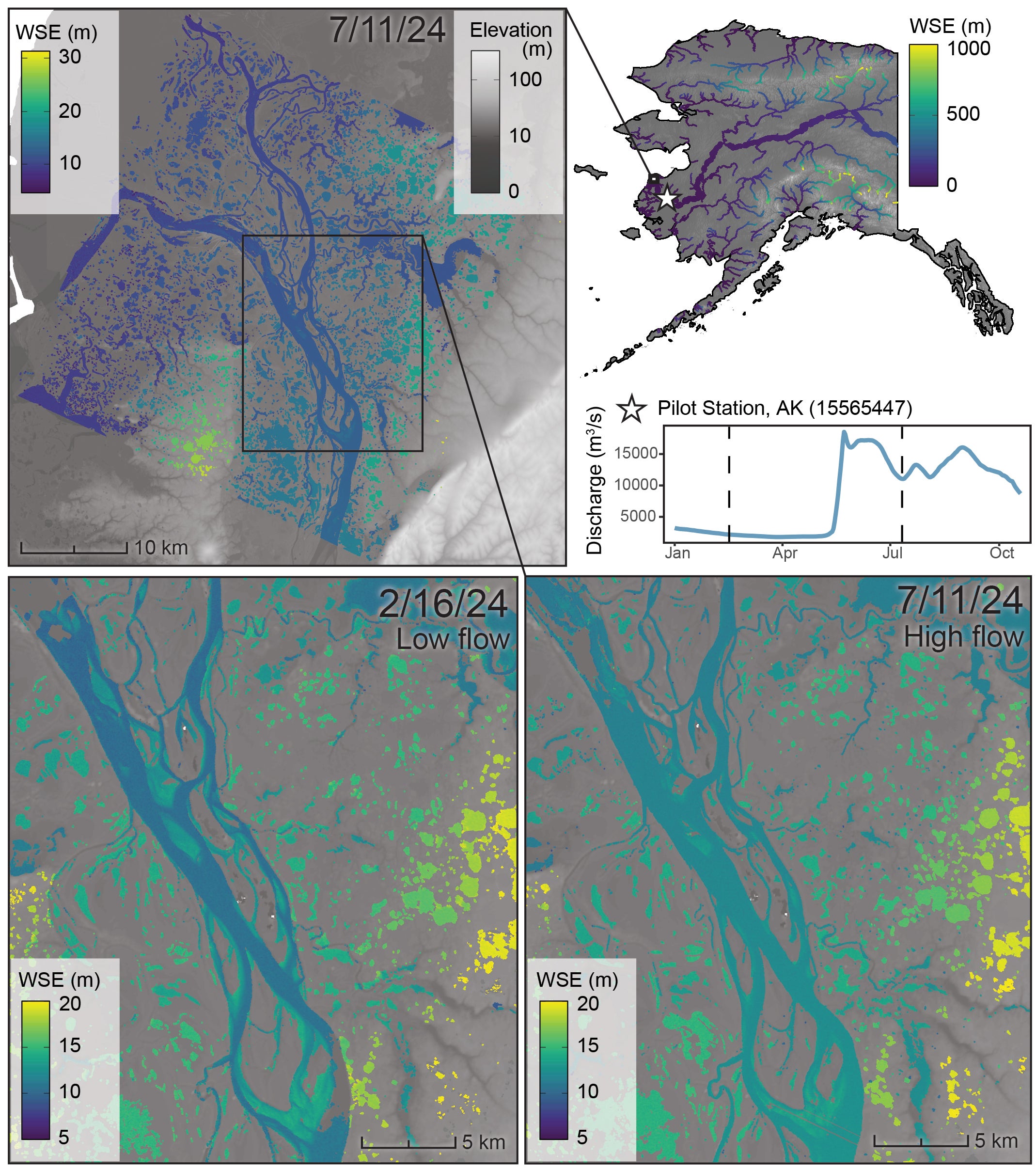 Surface Water and Ocean Topography (SWOT) Pixel Cloud Product (PIXC) data over the Yukon-Kuskokwim Delta in Alaska (AK).