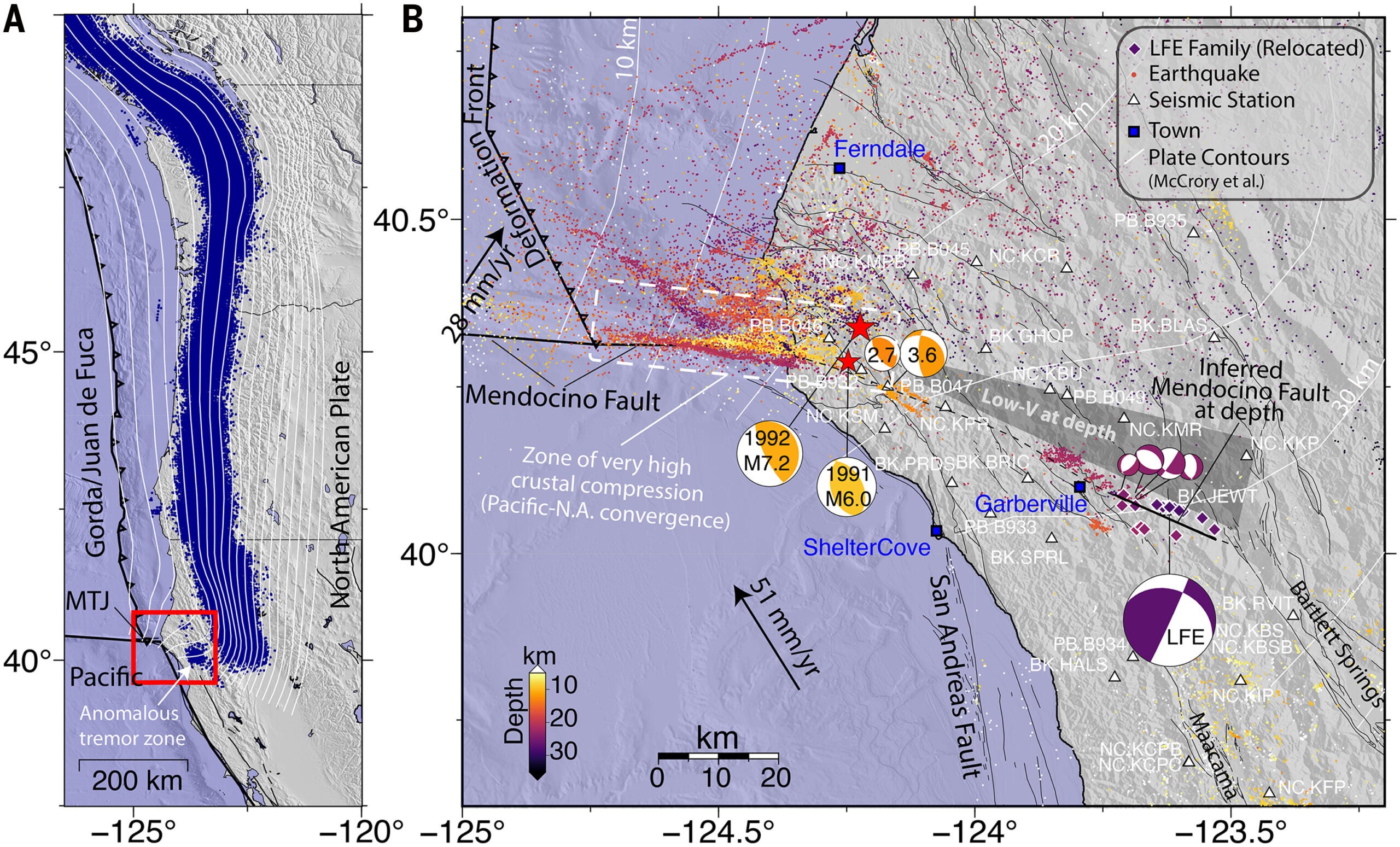 Mendocino triple junction seismicity and focal mechanisms.