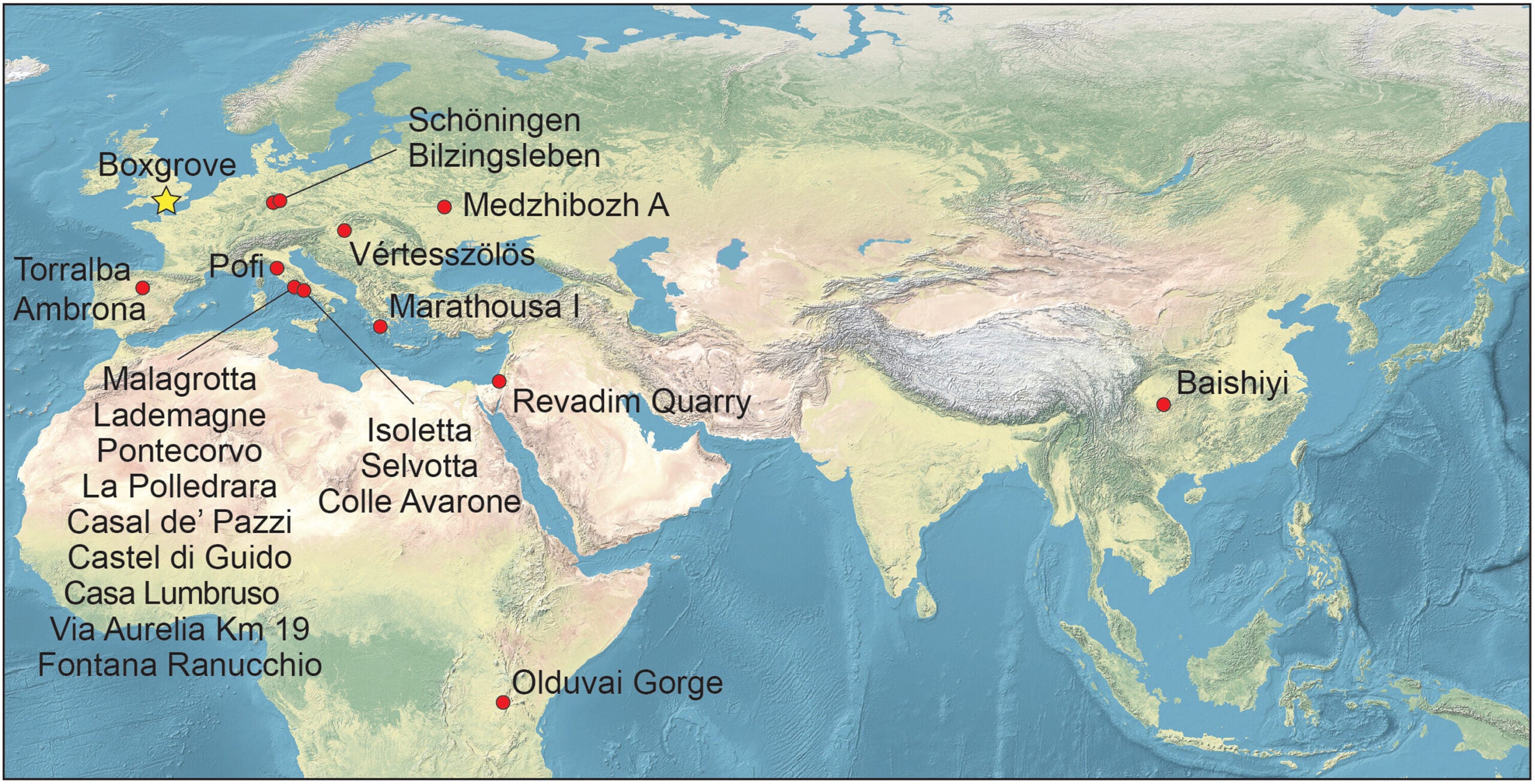 Map of Lower Paleolithic sites with published elephant-bone tools.