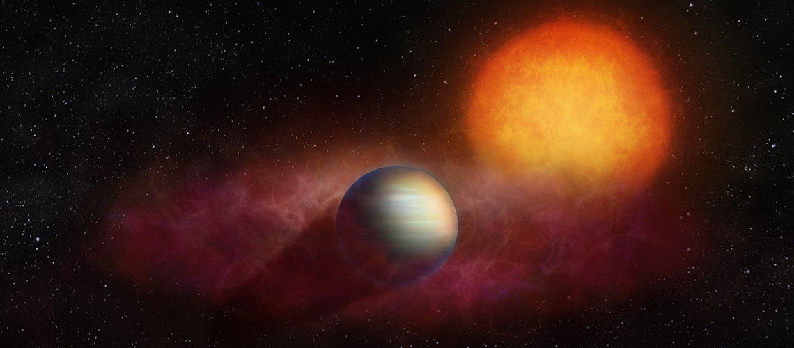 Artist's view of WASP-107b. The planet’s low density and the intense irradiation from its star allow helium to escape the planet and form an asymmetric, extended, and diffuse envelope around it. Infrared observations with the JWST satellite have enabled the observation of this phenomenon.