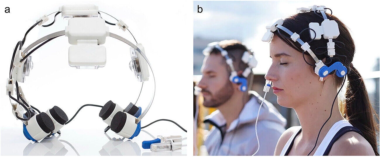 Transcranial plus intranasal photobiomodulation (PBM) device. The PBM device used in the present study is shown in the top left panel (a) along with an example of how it is placed properly upon the head (b).