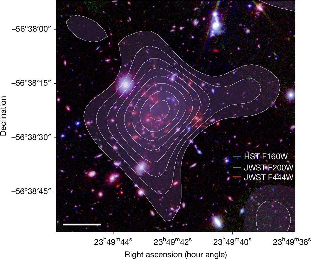 RGB image of the protocluster SPT2349–56 with tSZ decrement contours.