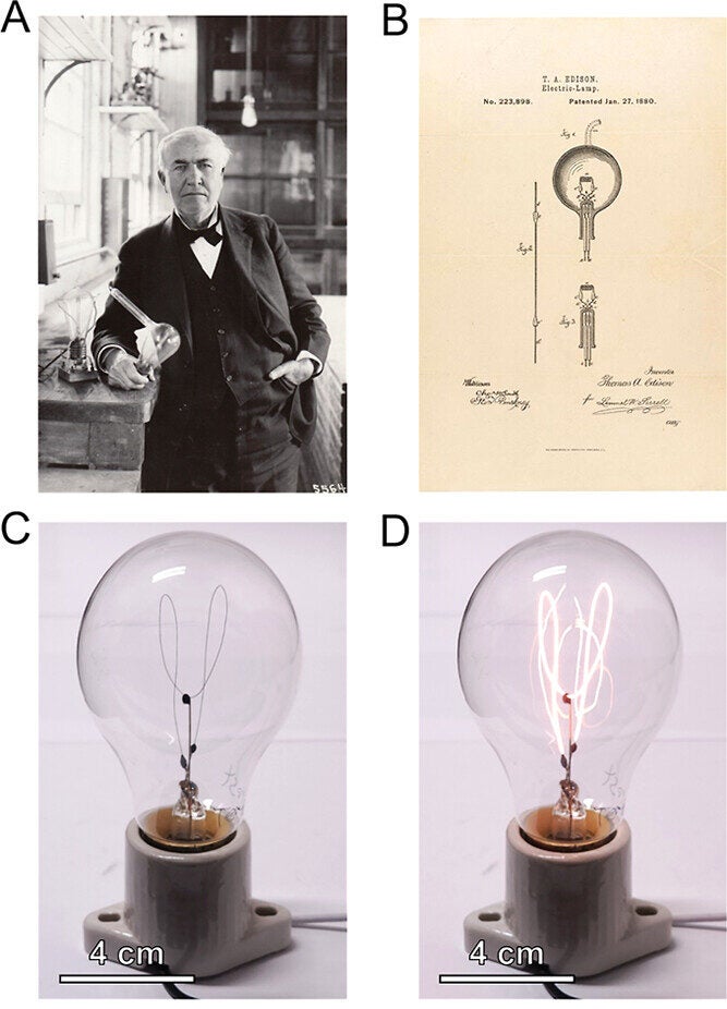 Image of Thomas Edison holding one of his many light bulb prototypes provided by the U.S. National Park Service via Wikimedia Commons. (B) Schematic drawing of the carbon filament light bulb in Thomas Edison’s patent provided by the National Archives (records of the Patent and Trademark Office. (C) Photograph of a carbon filament light bulb in the off state. (D) Photograph of the same light bulb with 110 V DC applied. 
