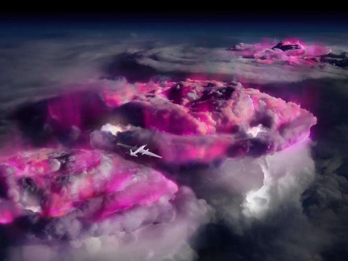 Artist's impression of a high-altitude NASA spy plane carrying instrumentation to record purple-colored terrestrial gamma-ray flashes in thunderclouds.