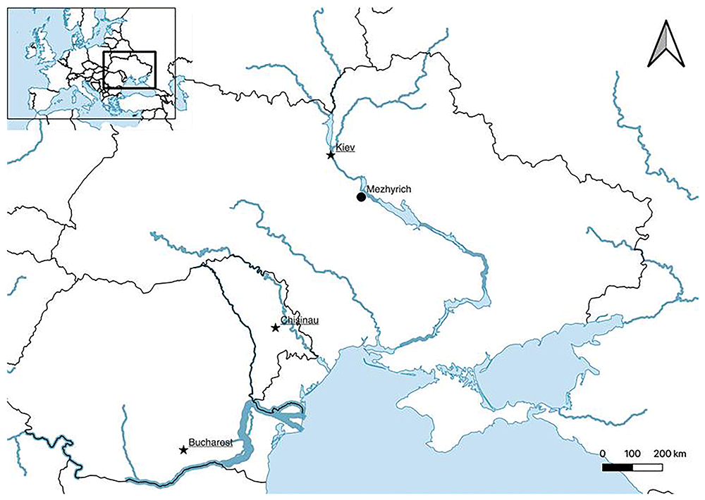 Map of Mezhyrich's location within East Central Europe.