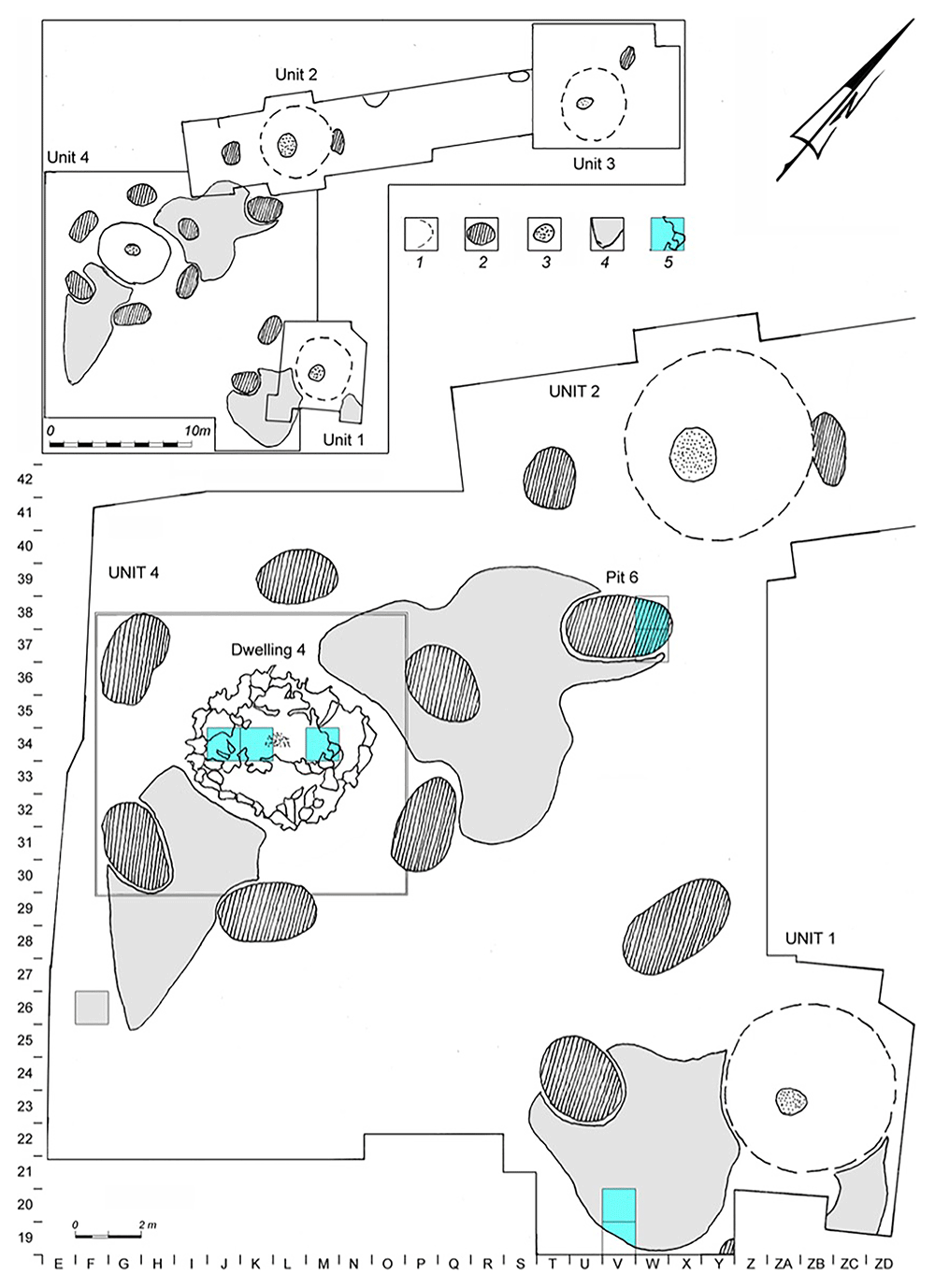Plan of Mezhyrich site: 1 – limits of mammoth bone structures; 2 – pits; 3 – hearths; 4 – limits of dense anthropogenic layers (“Toptalishche”); 5 – plots from which samples were obtained.