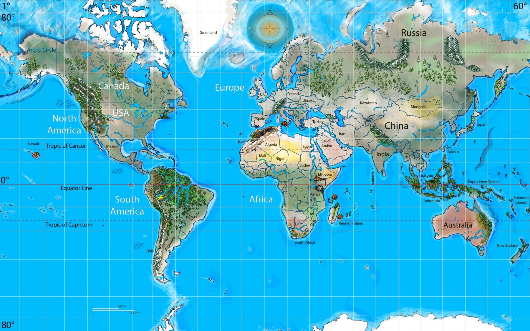 When looking at a rectangular world map, you see an illustrated view of Earth, the surface of the planet, as well as a graphic representation of the continents and oceans, along with their relative sizes, shapes, and distances.
