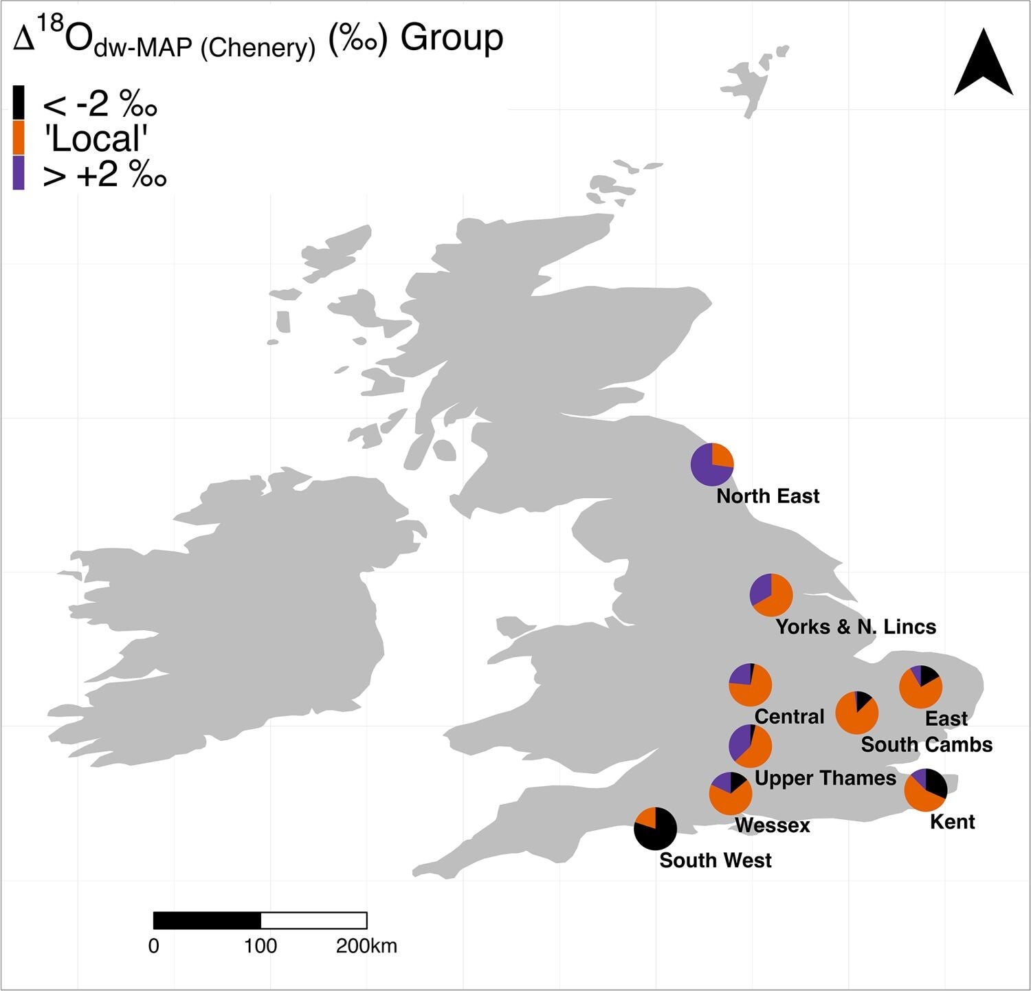 Map of regions in early medieval England and their proportional make up of Δ18Odw-MAP (Chenery) value classifications.