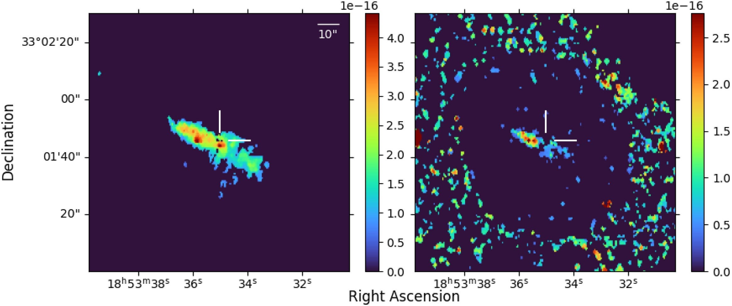 [Fe v] 4227 Å emission line map, (right) summed emission of [Fe vi] emission lines at 5147, 5177, 5425, and 5678 Å.