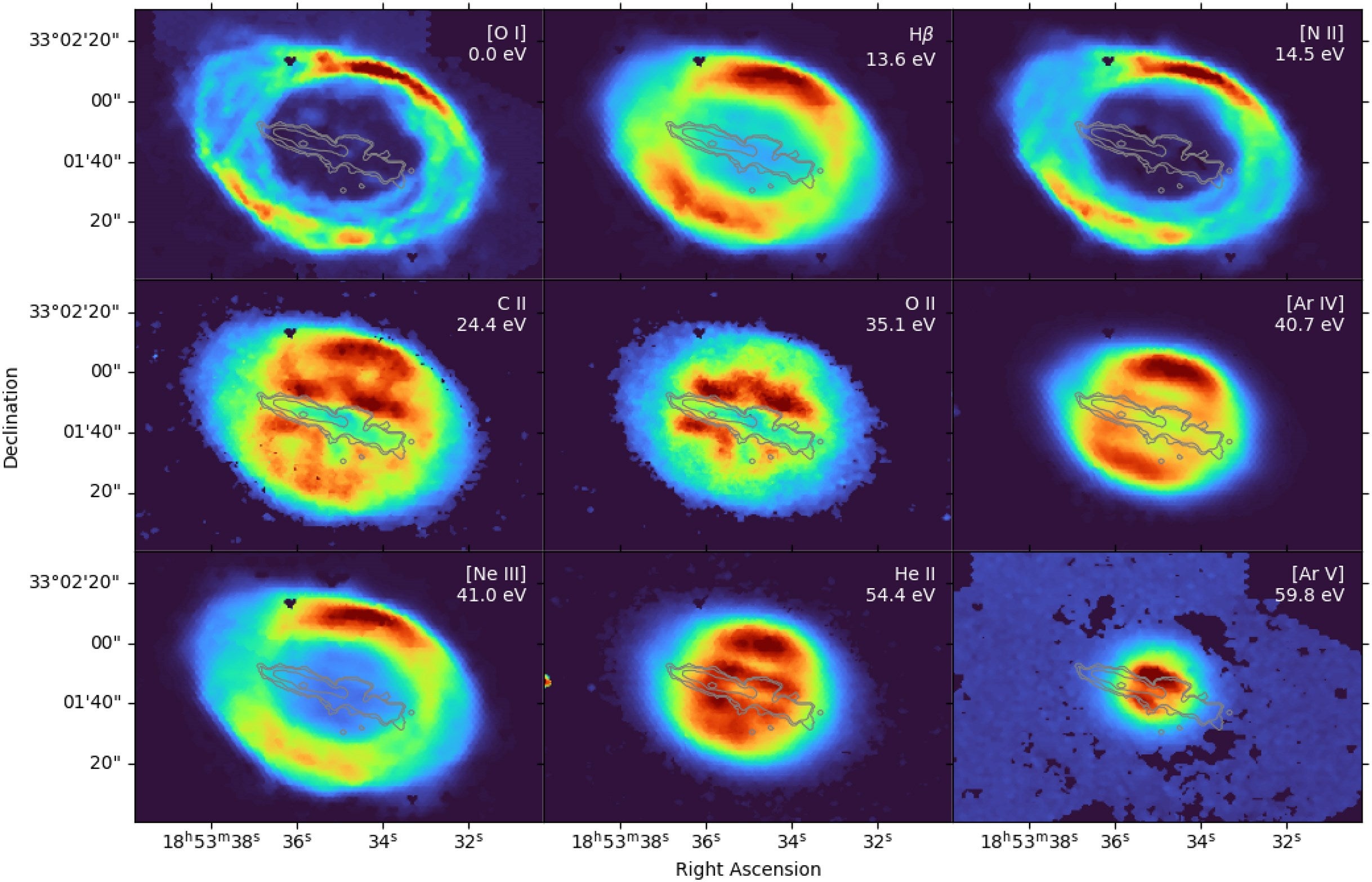 Selected WEAVE emission-line maps, ordered by the minimum photon energy required to create the species being traced: the relevant ion is the detected ion in the case of collisionally excited lines, and the recombining ion in the case of recombination lines.