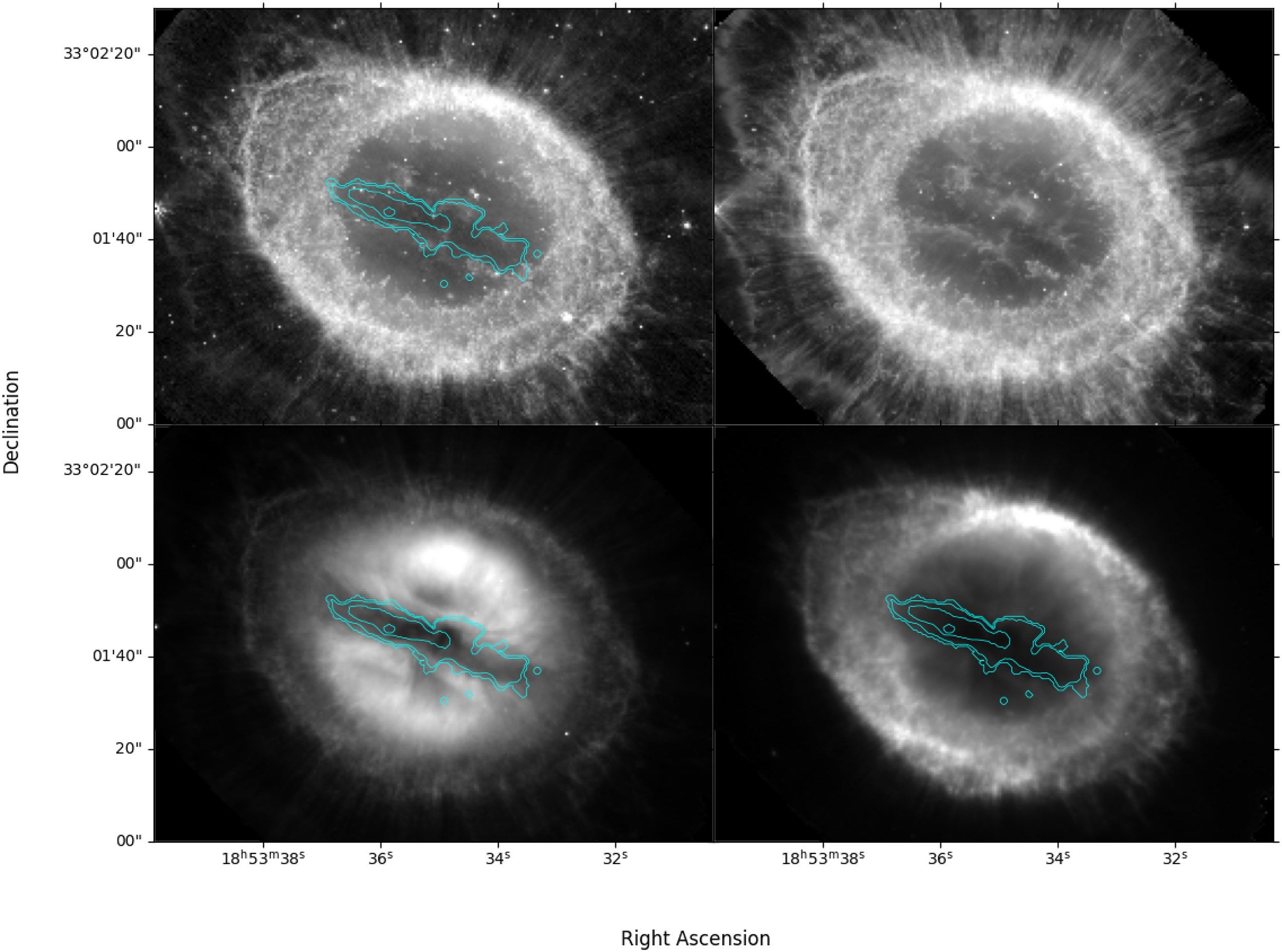 Top row: JWST NIRCam F335W and MIRI F560W. Bottom: MIRI F1000W, MIRI F1800W. Contours derived from the WEAVE map of [Fe v] 4227 Å are displayed, except on the top right panel where they are omitted to better show the H2 emission on either side of the dark lane crossing the center.