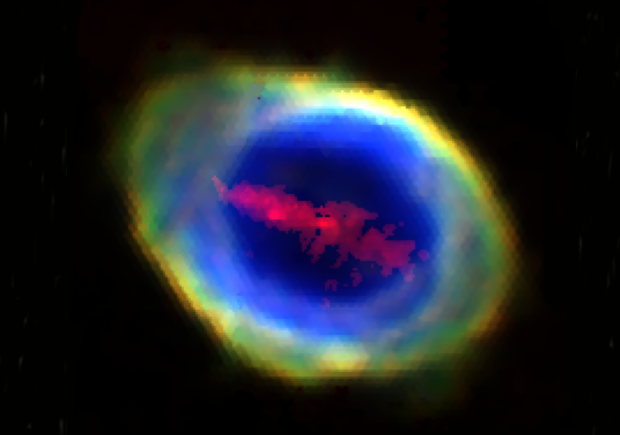 A composite RGB image of the Ring Nebula (also known as Messier 57 and NGC 6720) constructed from four WEAVE/LIFU emission-line images.