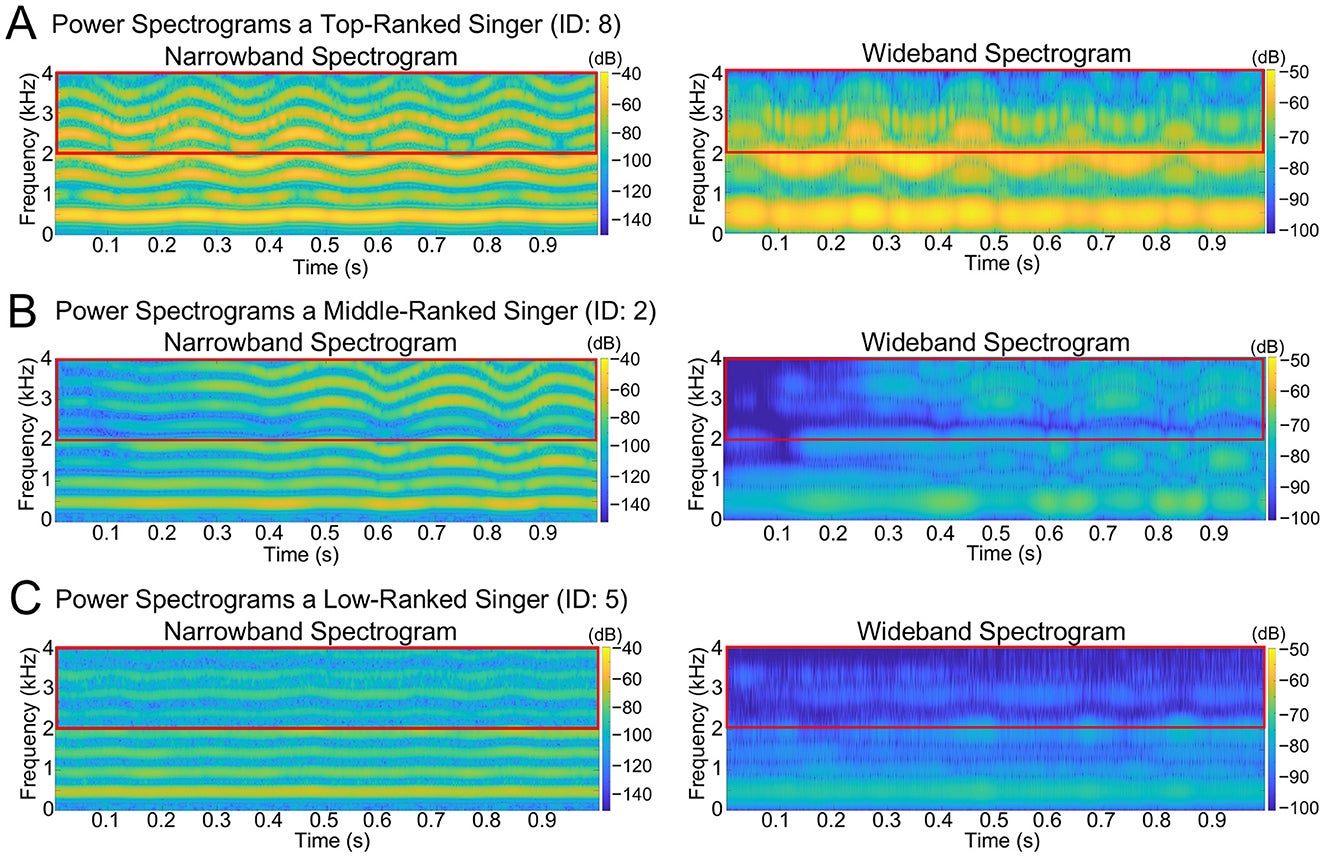 Spectrograms of three singers with different performance levels.