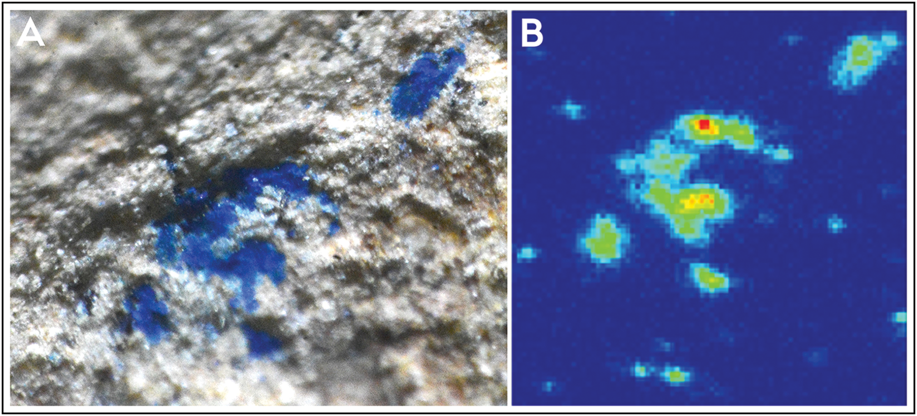 Results from the PIXE analysis, showing one of the mapped areas of blue residue (A) and the corresponding copper heatmap for this area (B). The map is 2000 × 2000µm2, with a pixel size of 25 × 25µm (figure by authors).