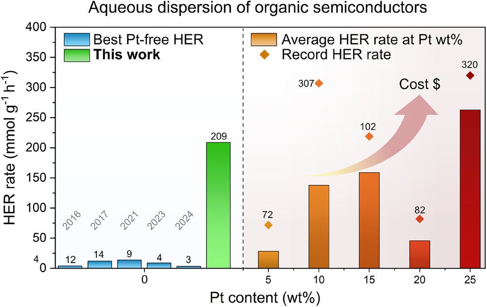Reported Hydrogen Evolution Reaction (HER) rates in the literature, updated in January 2025, and compared to the HER rate achieved in this work.