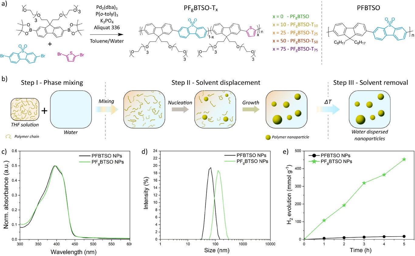 Chemical structure of the polymers synthesized through a Suzuki-Miyaura cross-coupling polycondensation, highlighting in blue the electron accepting BTSO unit and in pink the electron donating thiophene unit.