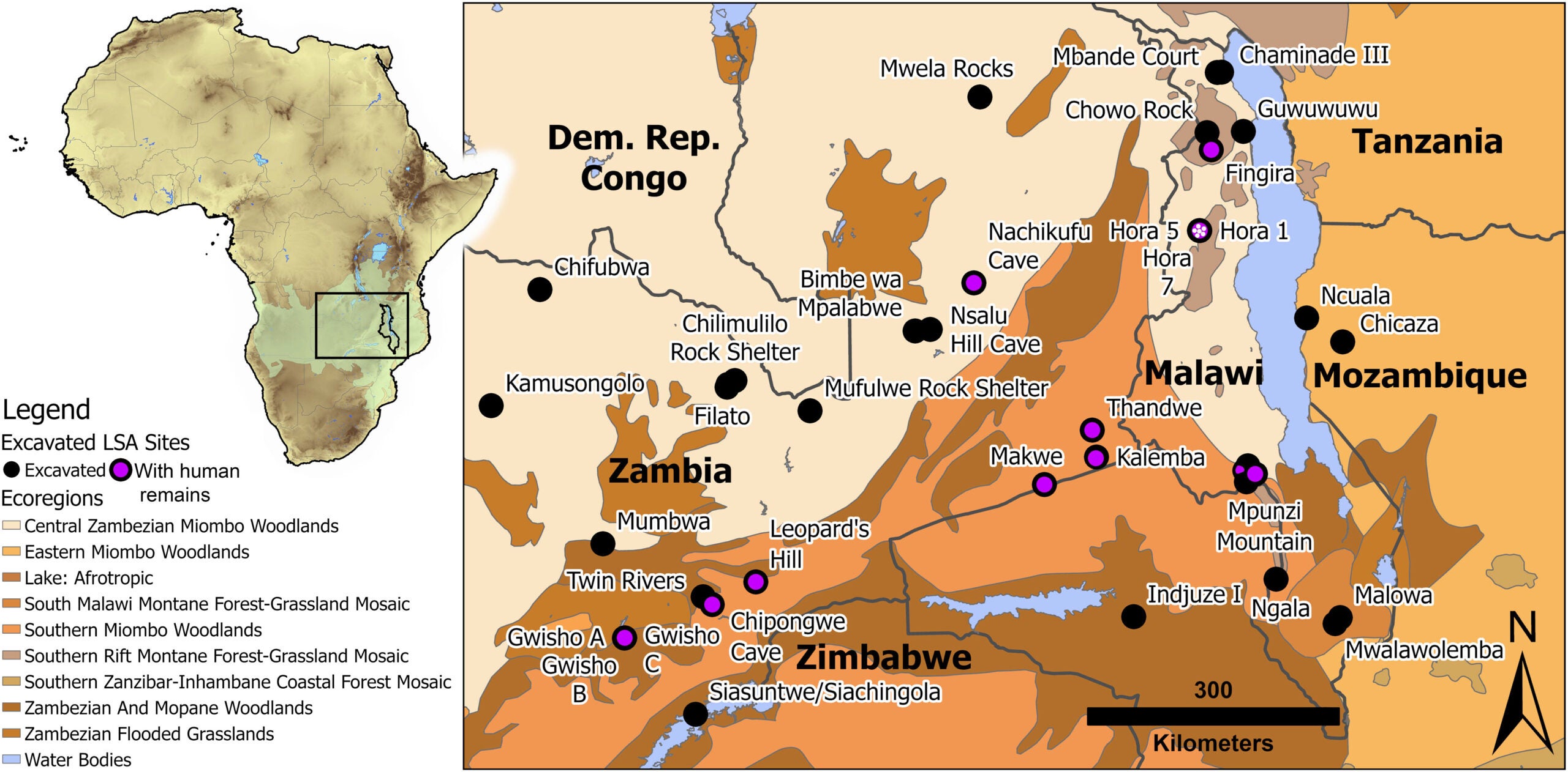 HOR-1 site (11°39′S, 33°39′E; 1470 m above mean sea level, white stipples) relative to published excavated LSA sites.