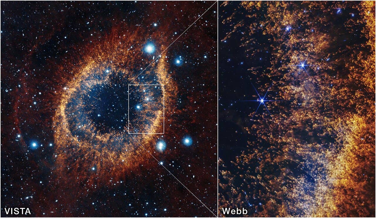 This image of the Helix Nebula from the Visible and Infrared Telescope for Astronomy (left) shows the full view of the planetary nebula, with a box highlighting the smaller field of view from the James Webb Space Telescope’s NIRCam (right).