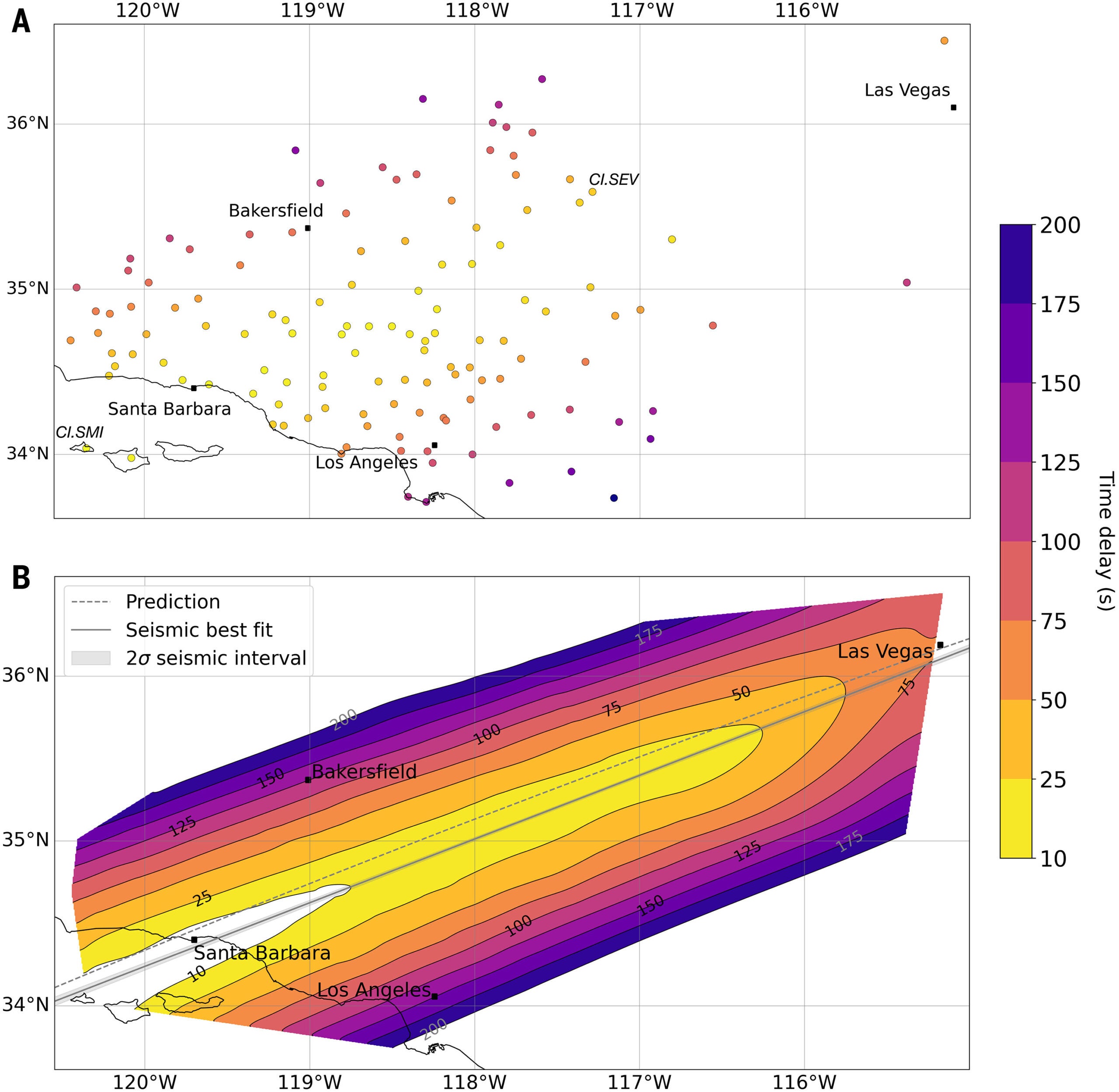 Pointwise and interpolated arrival times of sonic booms at stations across the Southern California and Nevada Seismic Networks.