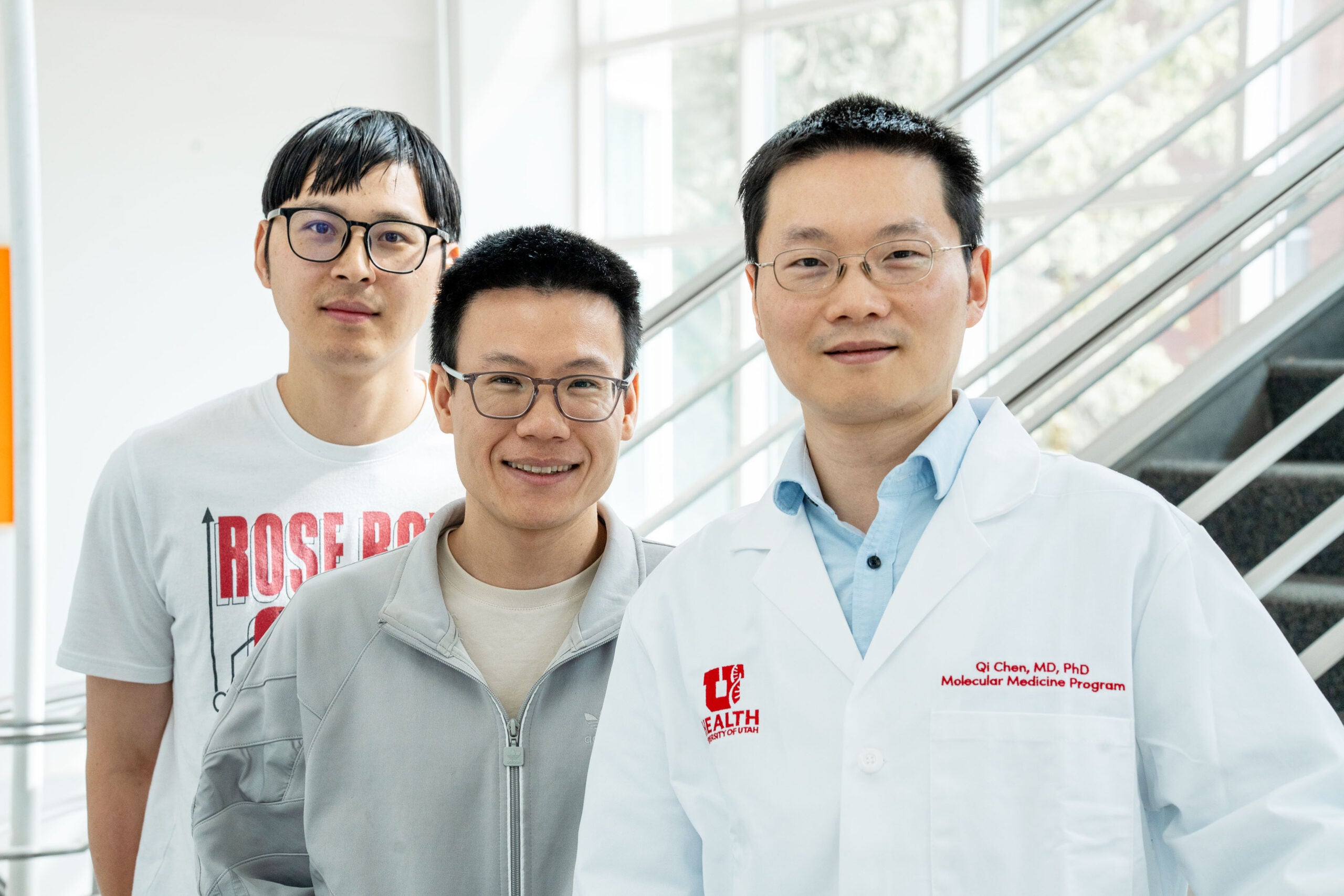 Left to right: Jiancheng Yu, author on the study; Xudong Zhang, PhD, co-first author on the study; Qi Chen, MD, PhD, co-senior author on the study.