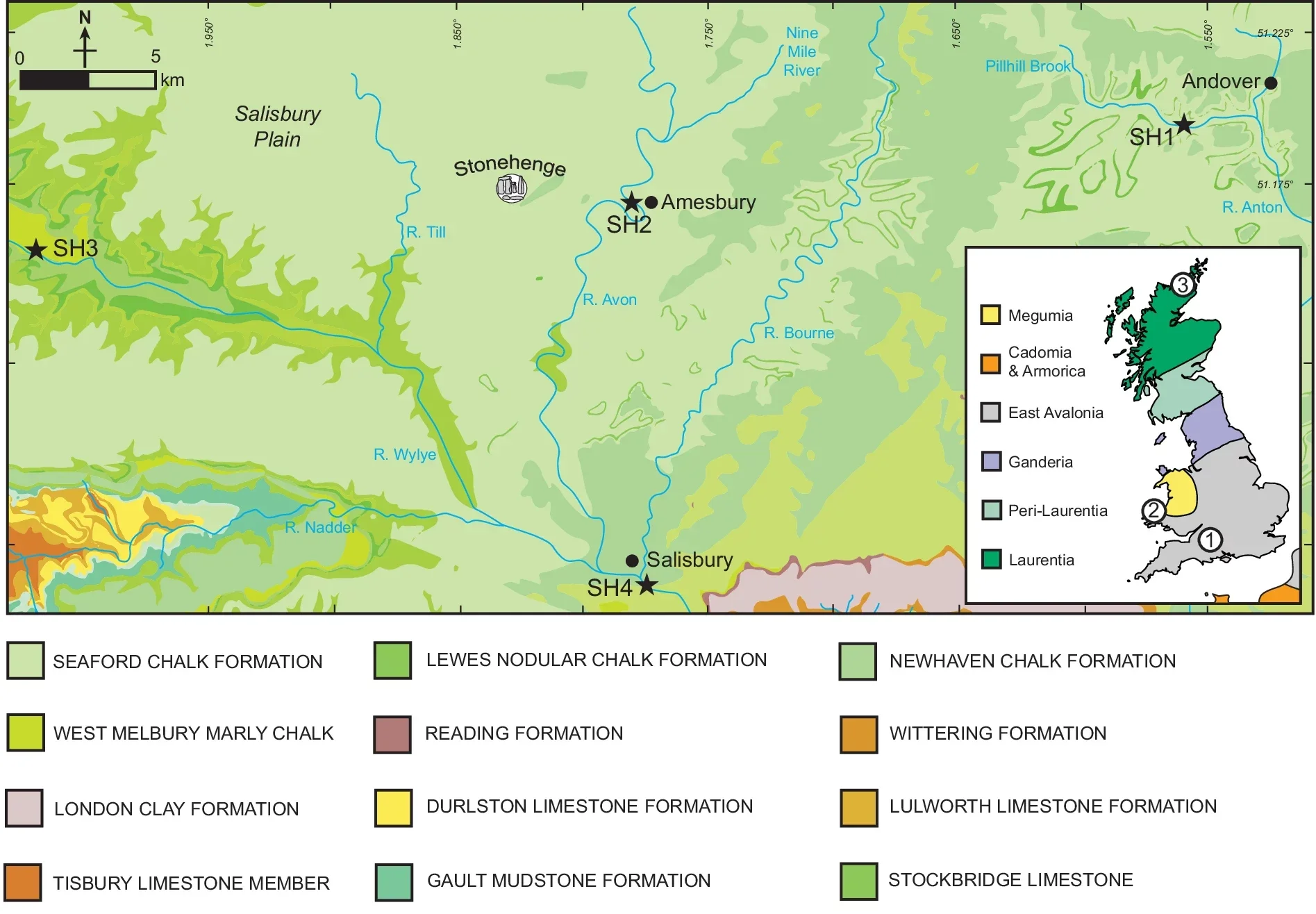 A simplified geological map and stratigraphic column of Salisbury Plain, England.