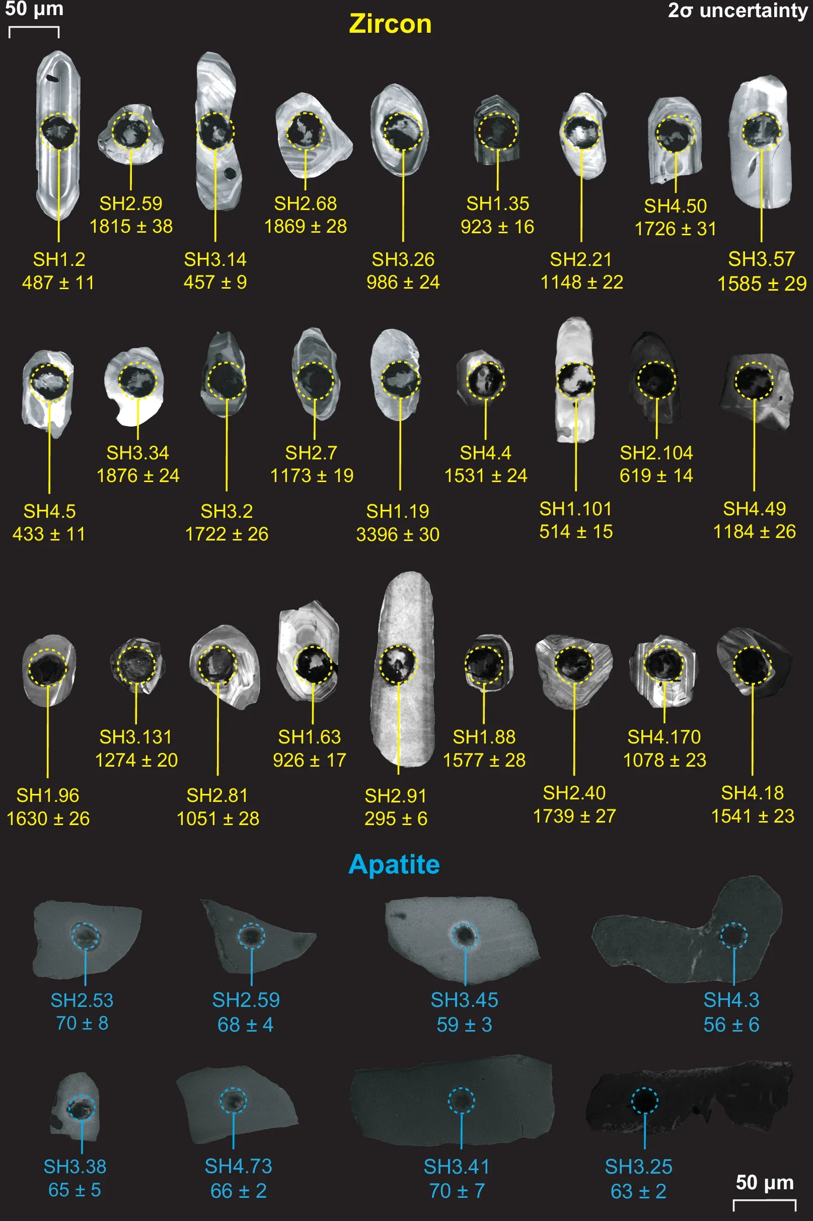 Cathodoluminescence images of zircon and apatite grains with laser ablation spots.
