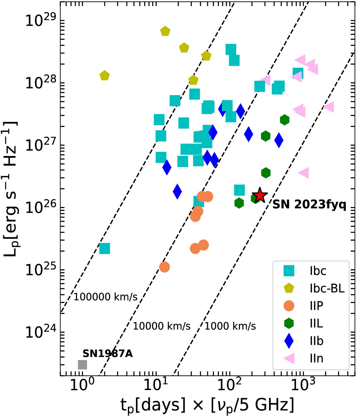 The peak spectral luminosity versus peak time for SN 2023fyq (taken at 10 GHz) in context with a variety of other radio-detected SNe. The speeds noted on the diagonal lines are the shock velocities for pure SSA. 2023fyq is distinct from most other stripped-envelope SNe, likely due to a denser CSM, but it does not reach the peak spectral luminosity of many SNe IIn.