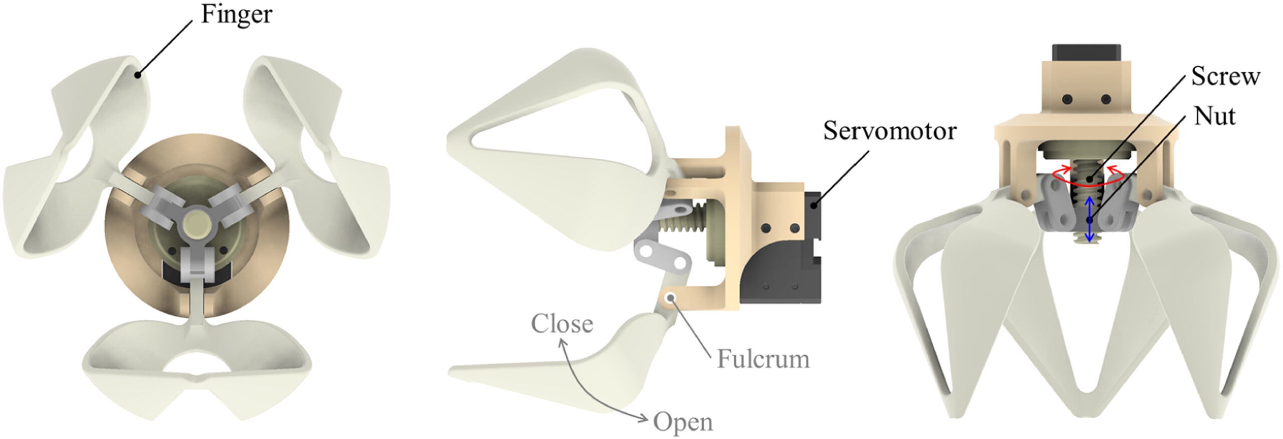 3D model of the gripper-type end-effector consisting of three fingers that open and close simultaneously to grasp a tomato.