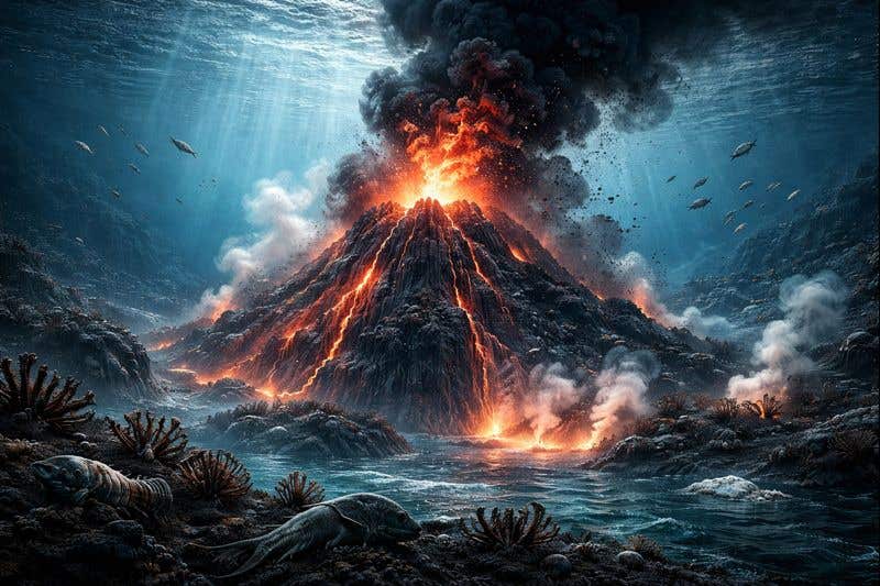 Ancient underwater volcanoes may explain why marine life repeatedly collapsed during the Triassic, according to new geological evidence.