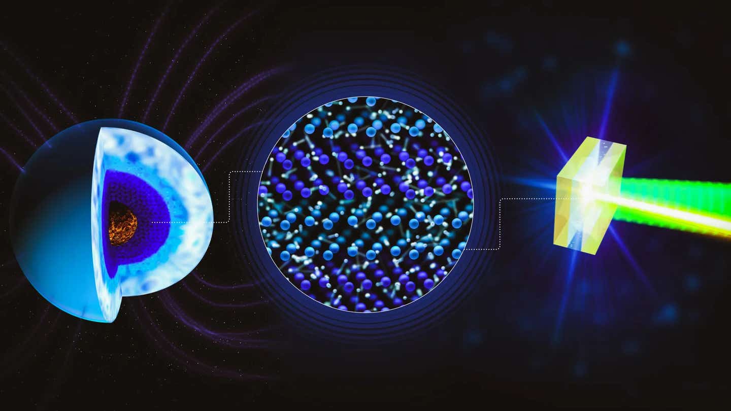 A schematic of superionic water, where oxygen atoms form a solid lattice and hydrogen ions move freely. Powerful lasers allow this planet-like state to be recreated and measured in the lab.