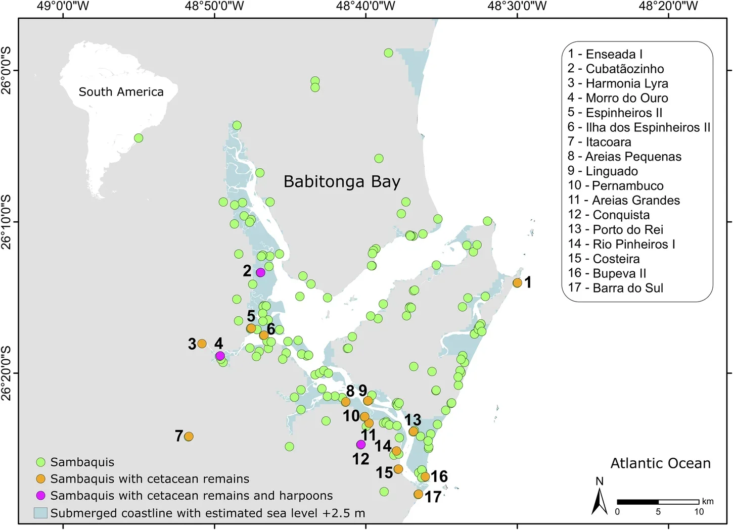 Location of known sambaqui sites in the region of Babitonga Bay, in Santa Catarina state (southern Brazil).