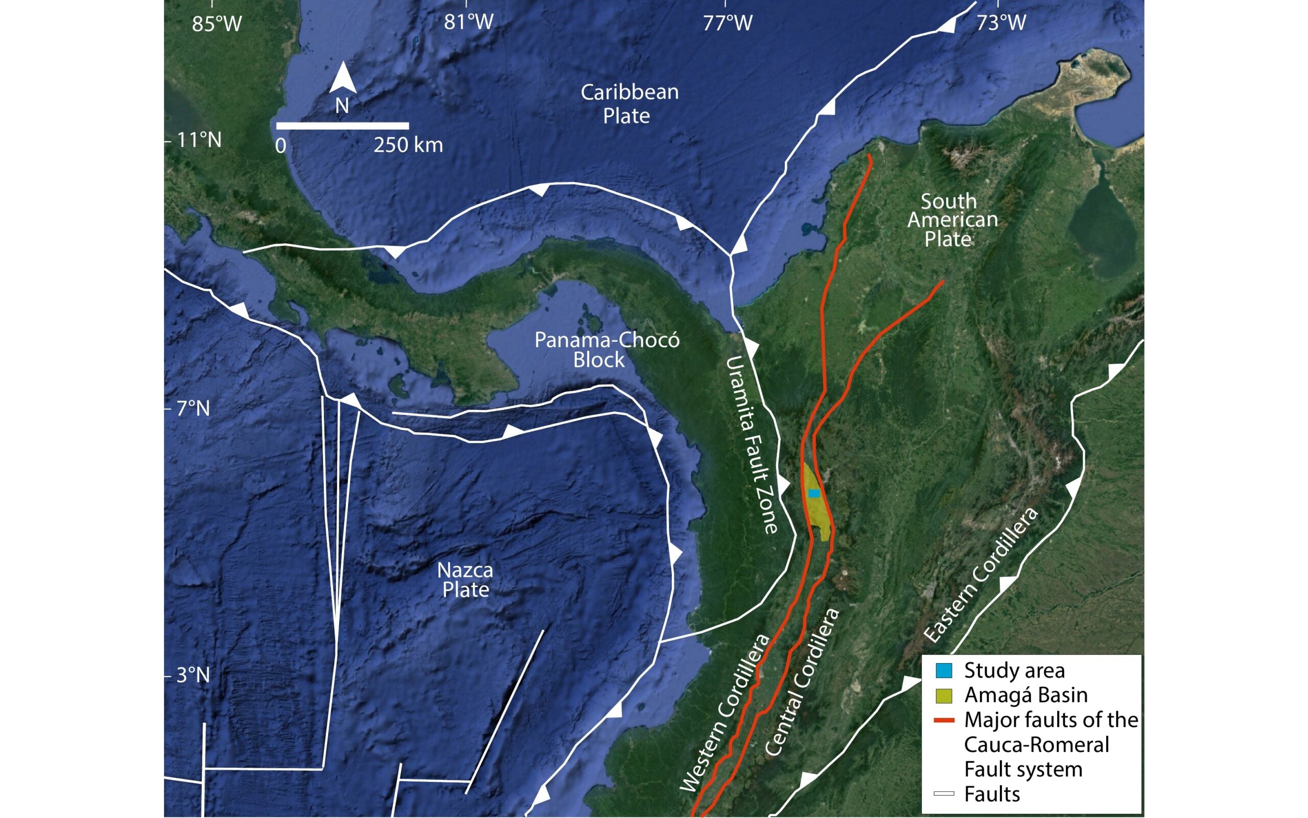 Geological framework of the northwestern Andes, including major tectonic plates, faults, and cordilleras.