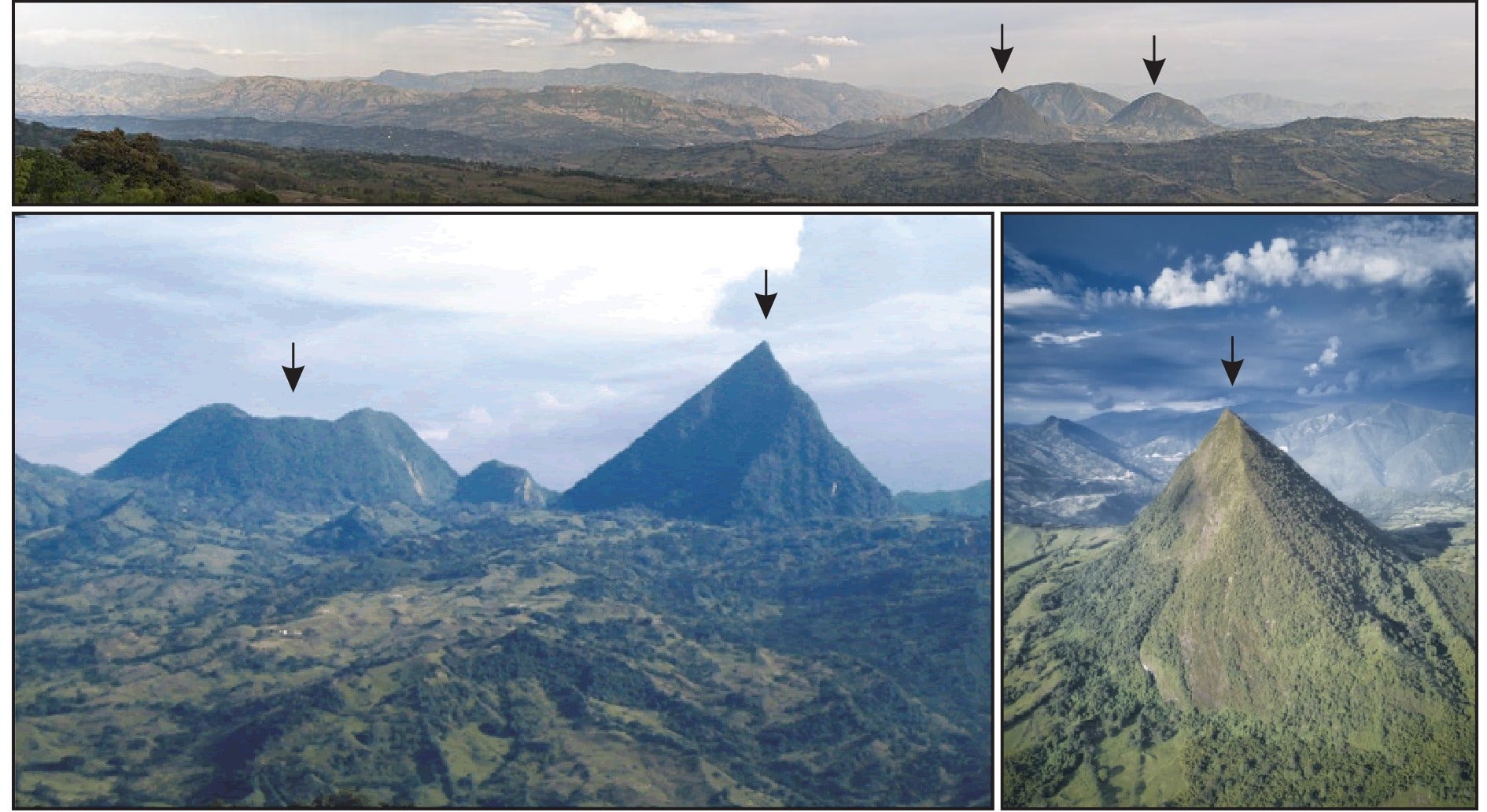 Views of hypabyssal rocks of the Combia Volcanic Province that present volcanic cone-like landforms.