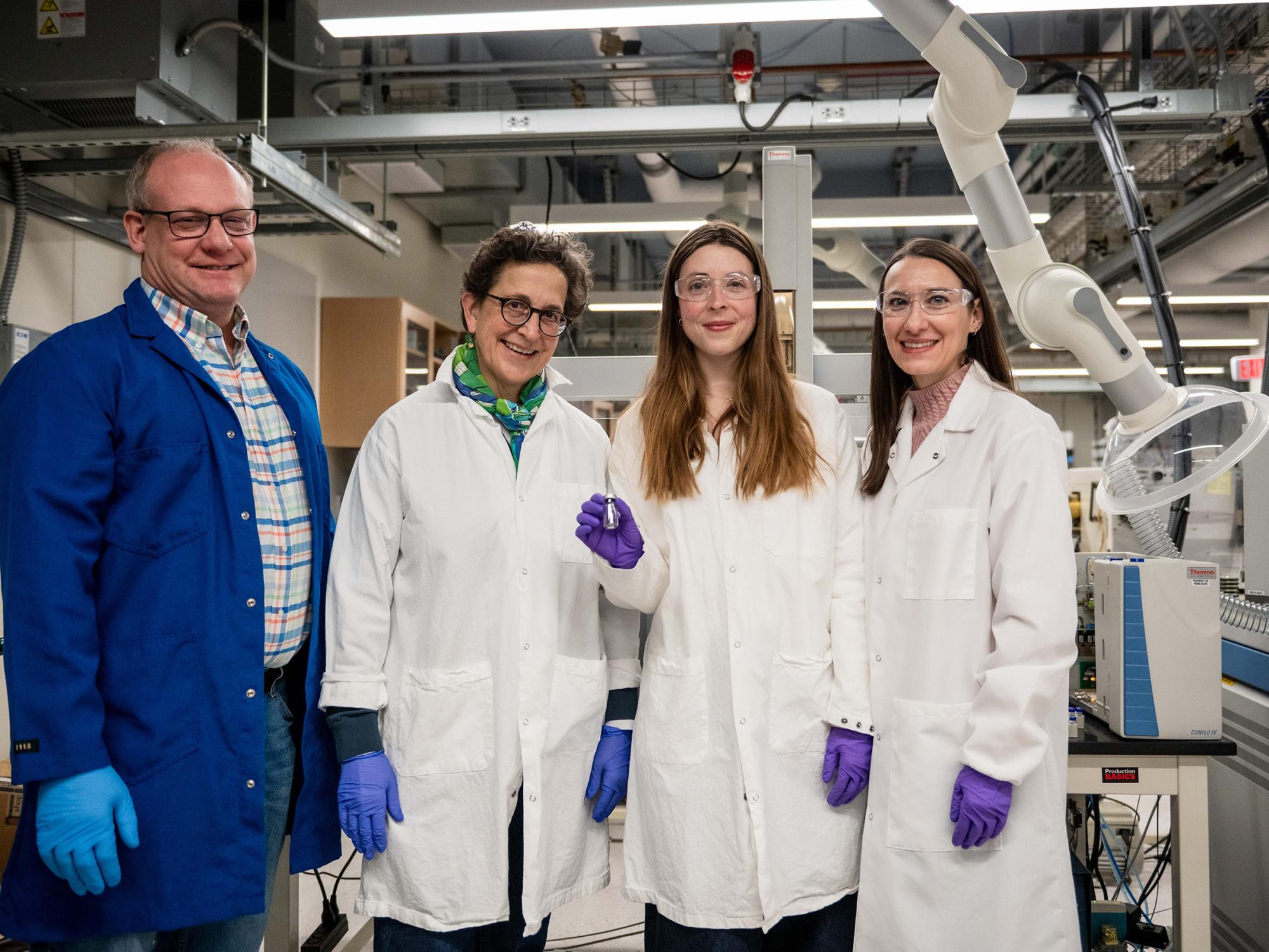 The Penn State scientists involved in the study (from left to right) were Christopher House, professor of geosciences, and Katherine Freeman, Evan Pugh University Professor of Geosciences, Ophélie McIntosh, postdoctoral researcher in Penn State’s Department of Geosciences, Allison Baczynski, assistant research professor of geosciences, and Mila Matney (not picture), doctoral candidate in geosciences.