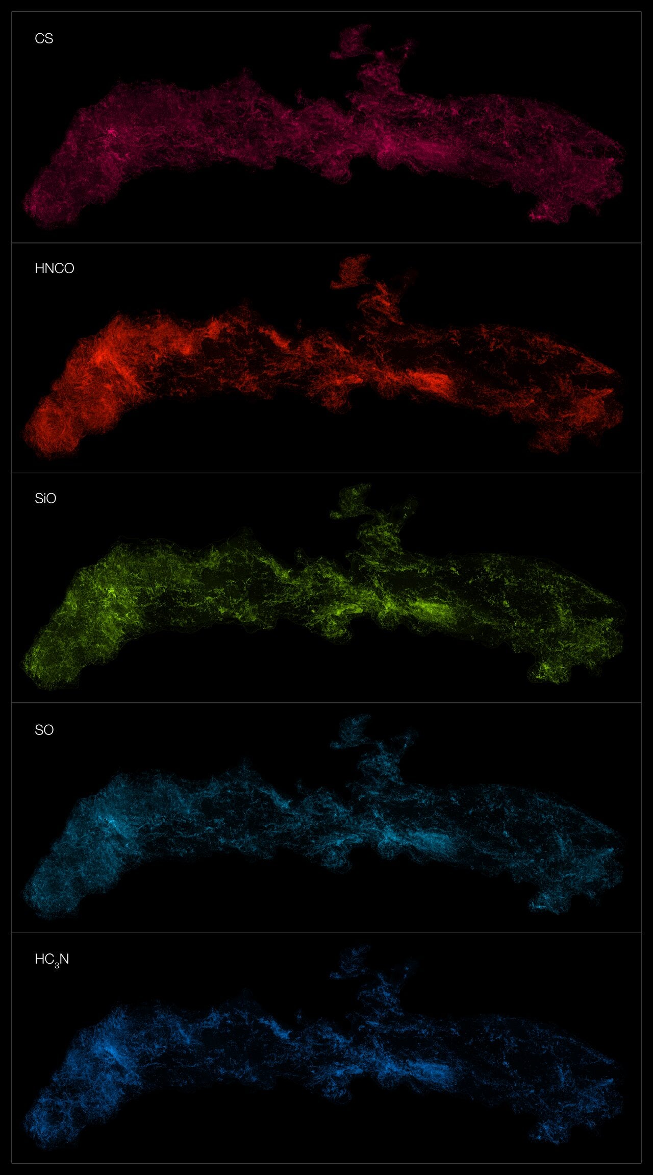 This montage shows the distribution of different molecules in the Central Molecular Zone (CMZ) of the Milky Way. The observations were made with the Atacama Large Millimeter/submillimeter Array (ALMA), as part of the ALMA CMZ Exploration Survey or ACES.